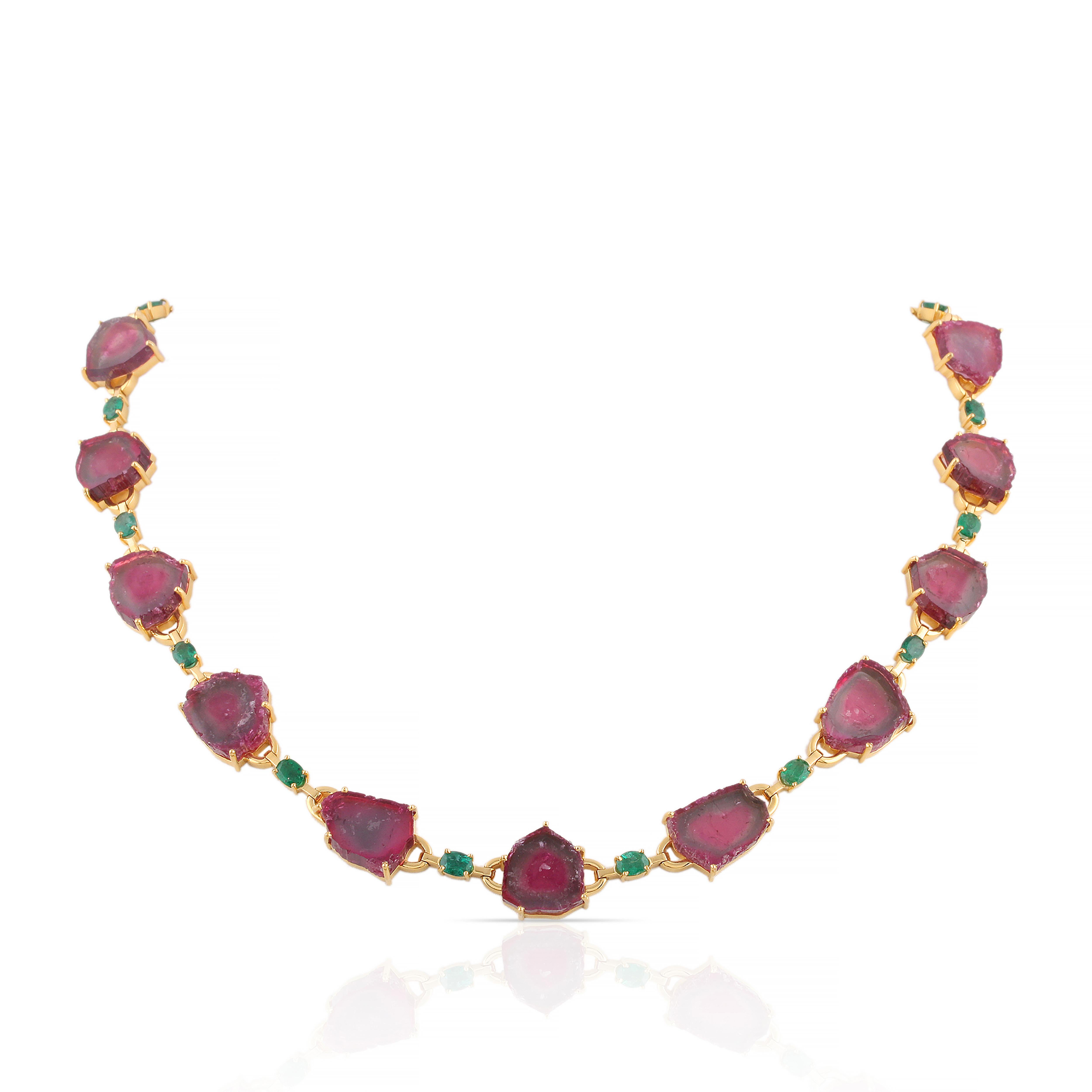 Tresor Beautiful Necklace features 103.90 carats of Gemstone. The Necklace are an ode to the luxurious yet classic beauty with sparkly gemstones and feminine hues. Their contemporary and modern design make them versatile in their use. The Necklace