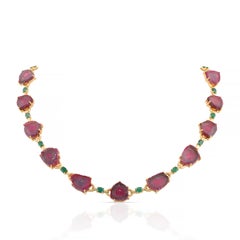 Emerald Oval & Watermelon Tourmaline Unshape Necklace In 18K Yellow Gold