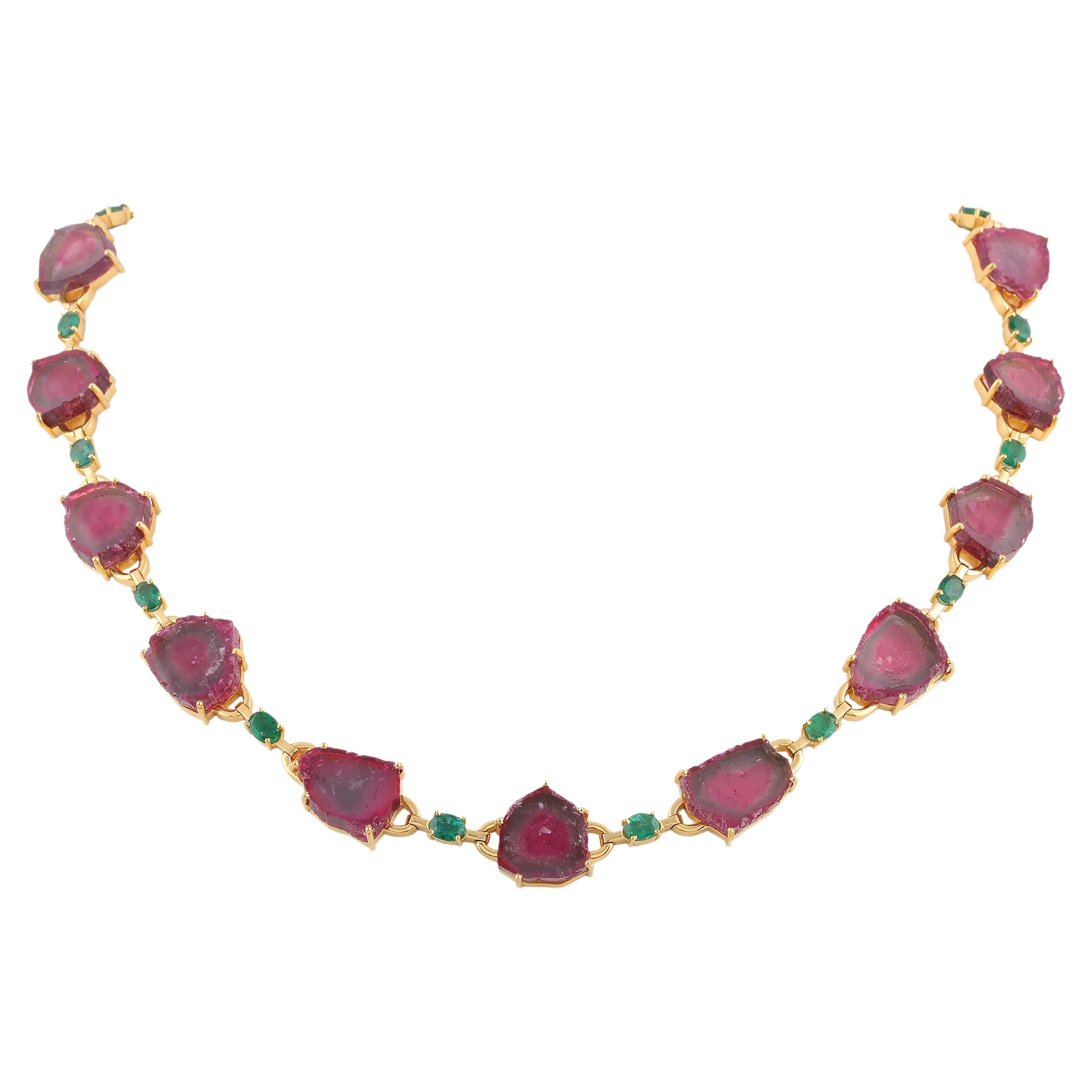 Emerald Oval & Watermelon Tourmaline Unshape Necklace In 18K Yellow Gold For Sale