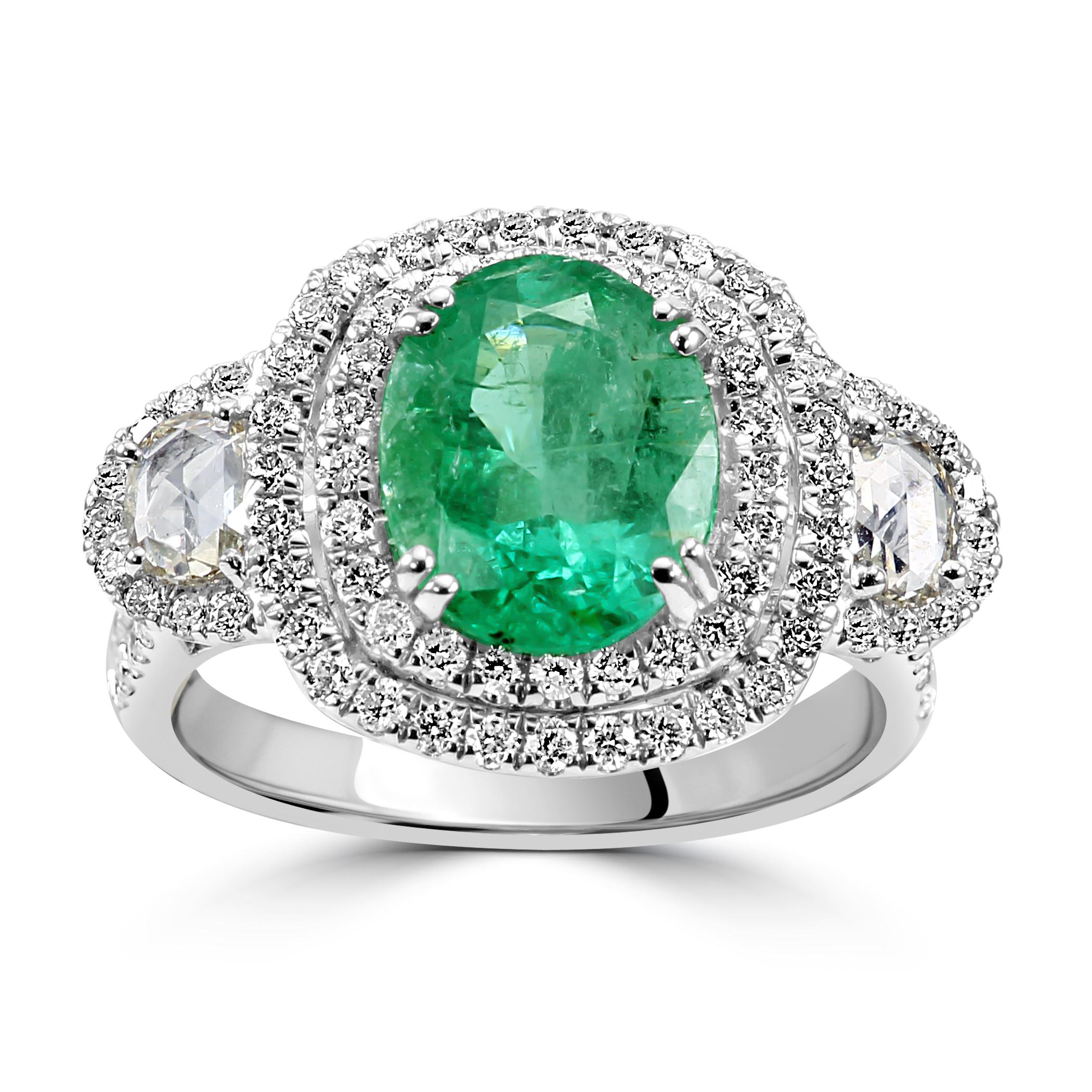 Emerald Oval White Diamond 18K White Gold 3 Stone Bridal Engagement ...