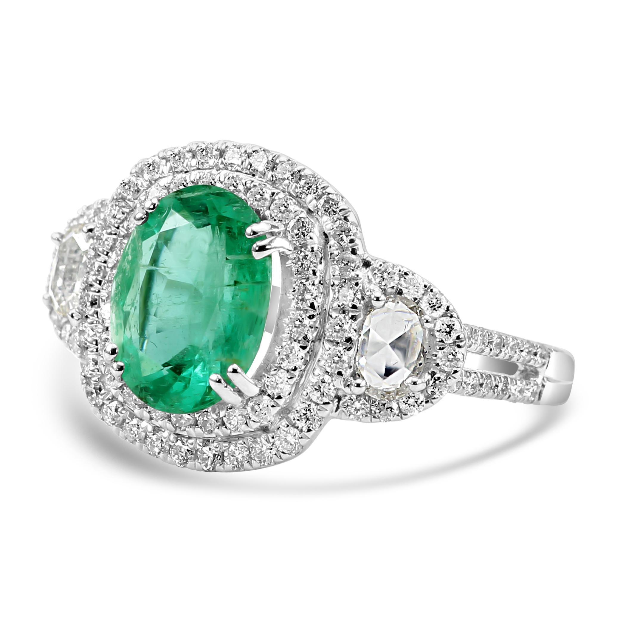 Modern Emerald Oval White Diamond 18K White Gold 3 Stone Bridal Engagement Halo Ring  For Sale