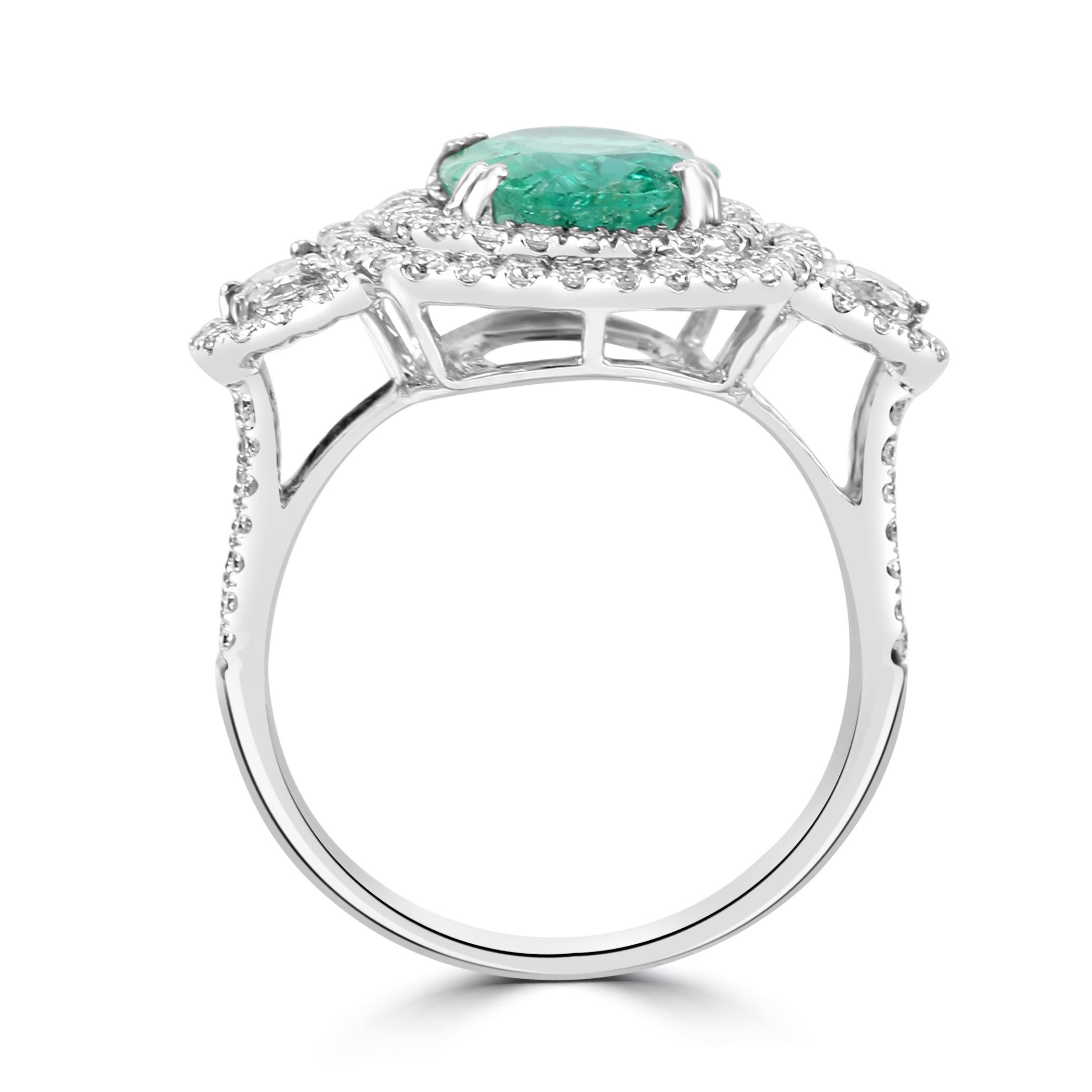 Women's or Men's Emerald Oval White Diamond 18K White Gold 3 Stone Bridal Engagement Halo Ring  For Sale