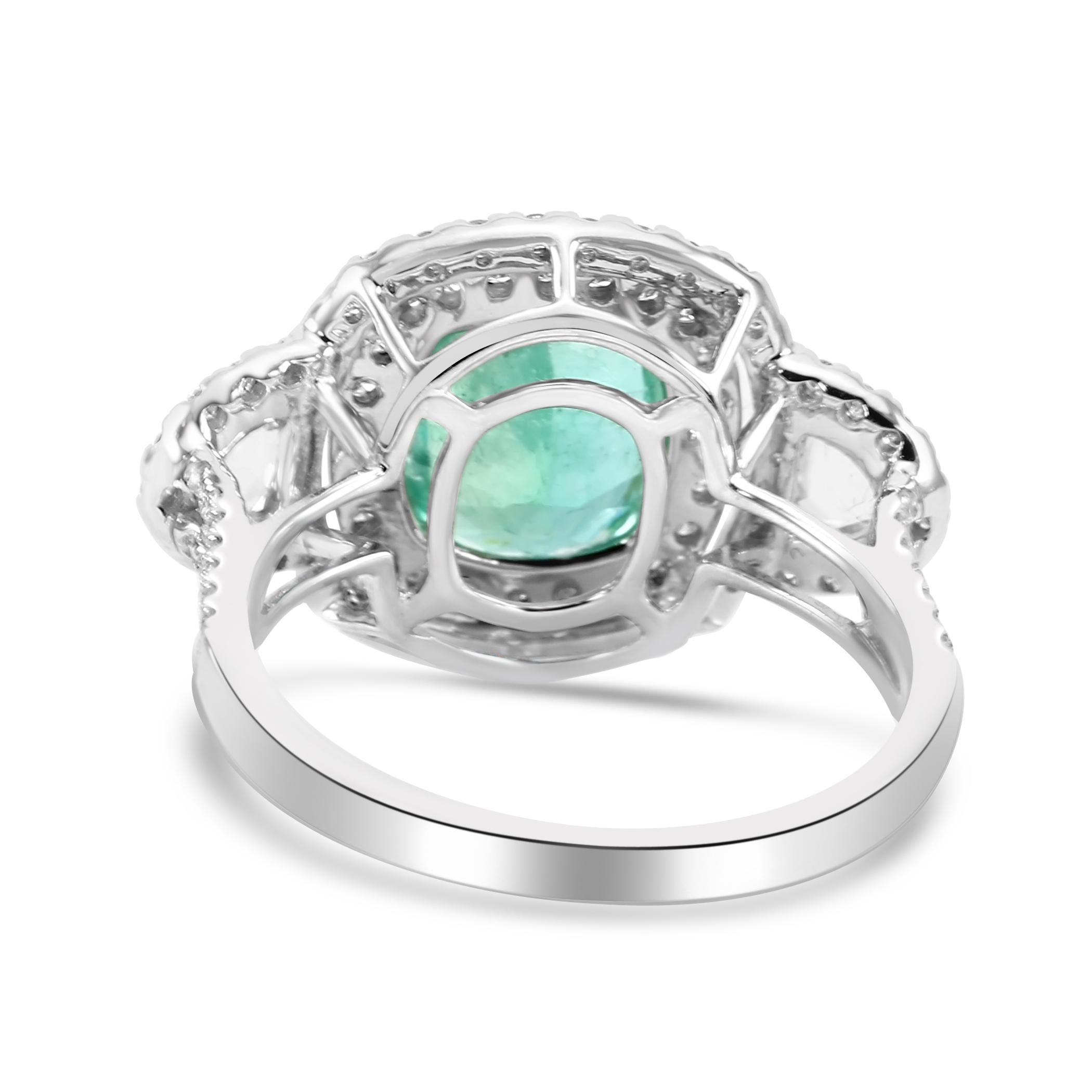 Emerald Oval White Diamond 18K White Gold 3 Stone Bridal Engagement Halo Ring  For Sale 1