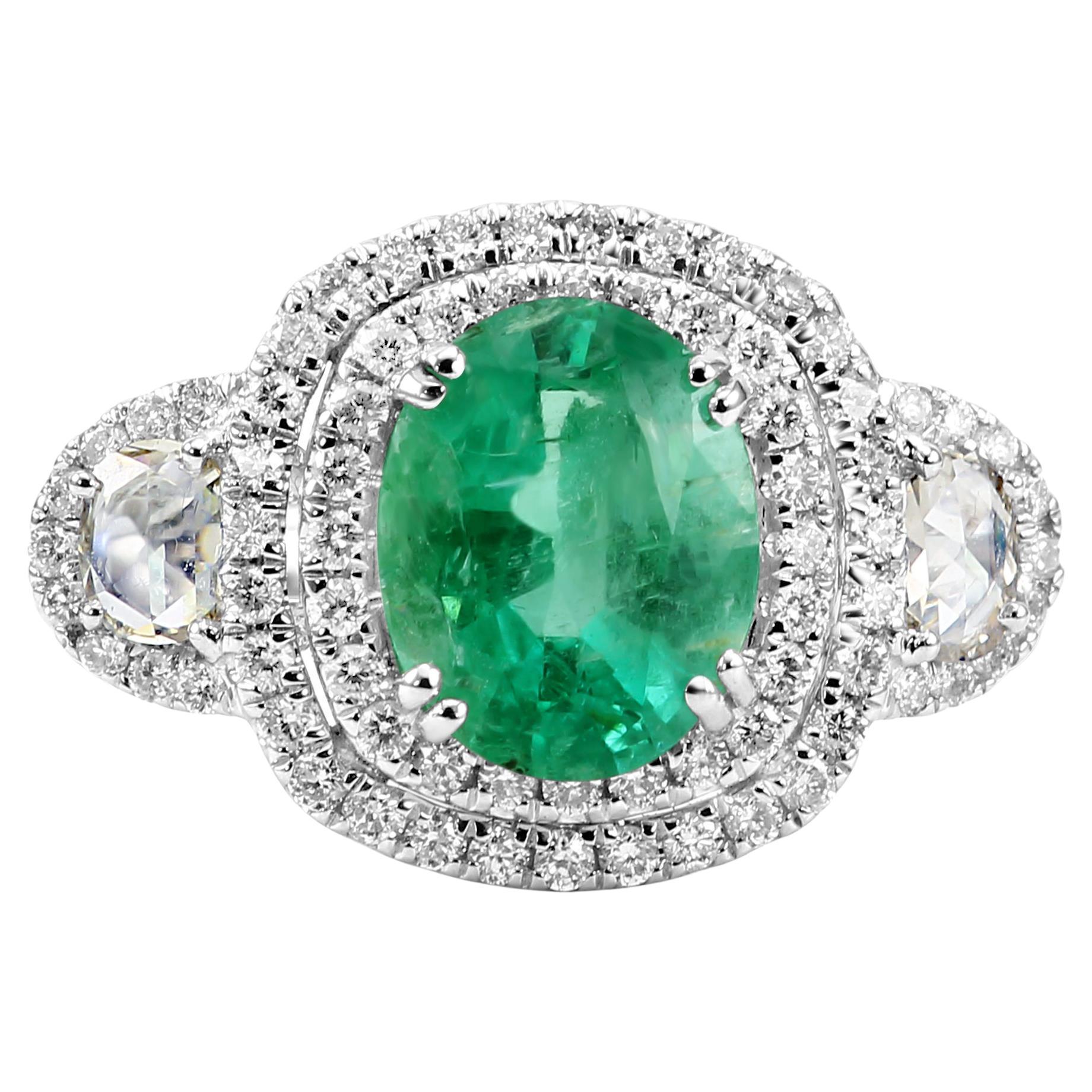 Emerald Oval White Diamond 18K White Gold 3 Stone Bridal Engagement Halo Ring  For Sale