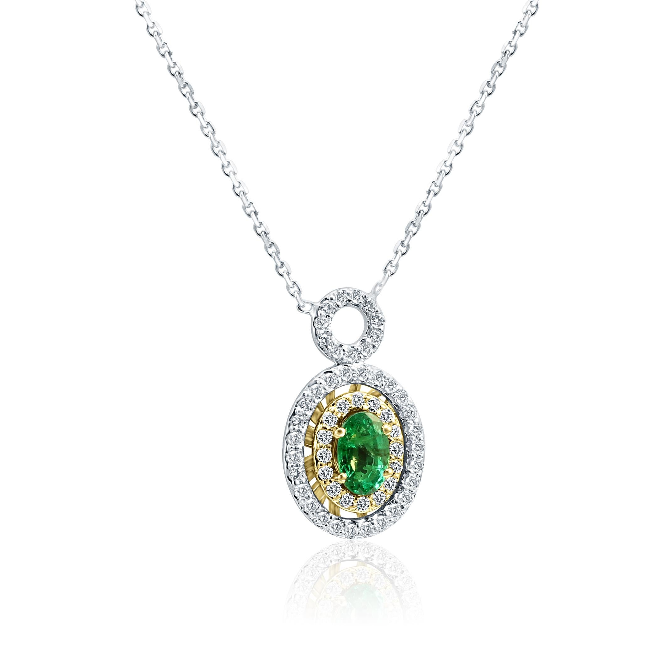 Oval Cut Emerald Oval White Diamond Double Halo Two Color Gold Pendant Chain Necklace