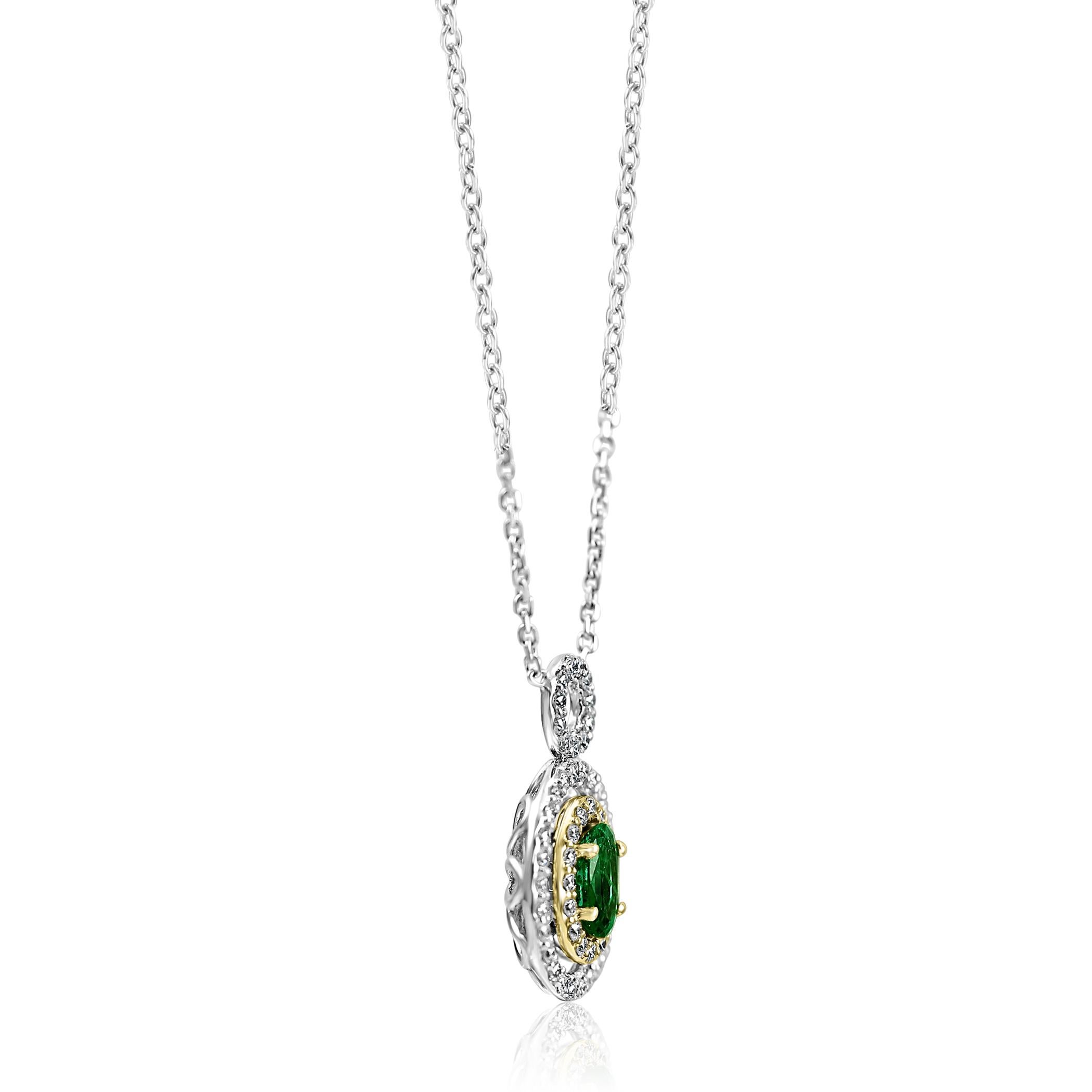 Emerald Oval White Diamond Double Halo Two Color Gold Pendant Chain Necklace In New Condition In NEW YORK, NY