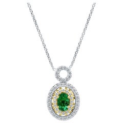 Emerald Oval White Diamond Double Halo Two Color Gold Pendant Chain Necklace