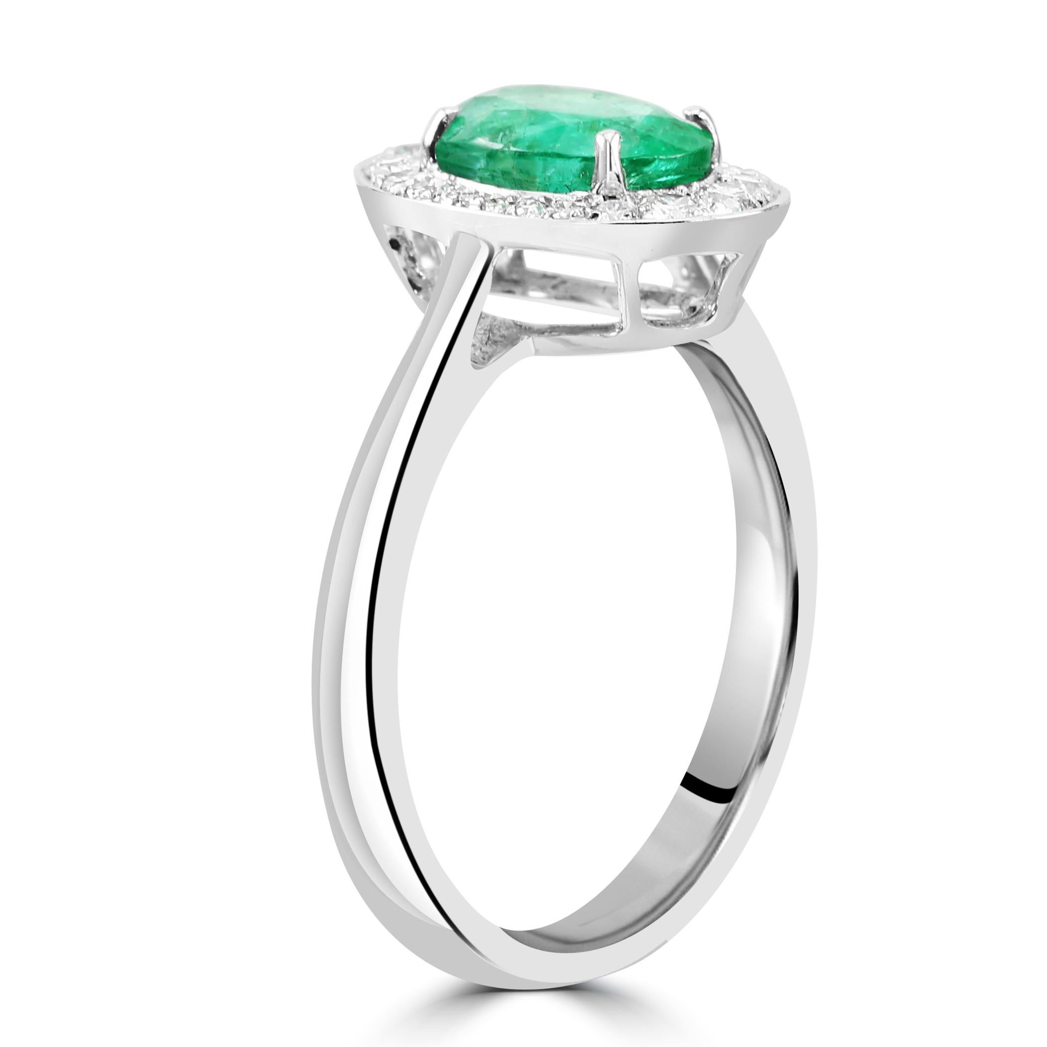 Oval Cut Emerald Oval White Diamond Round 18K White Gold Engagement Classic Halo Ring  For Sale