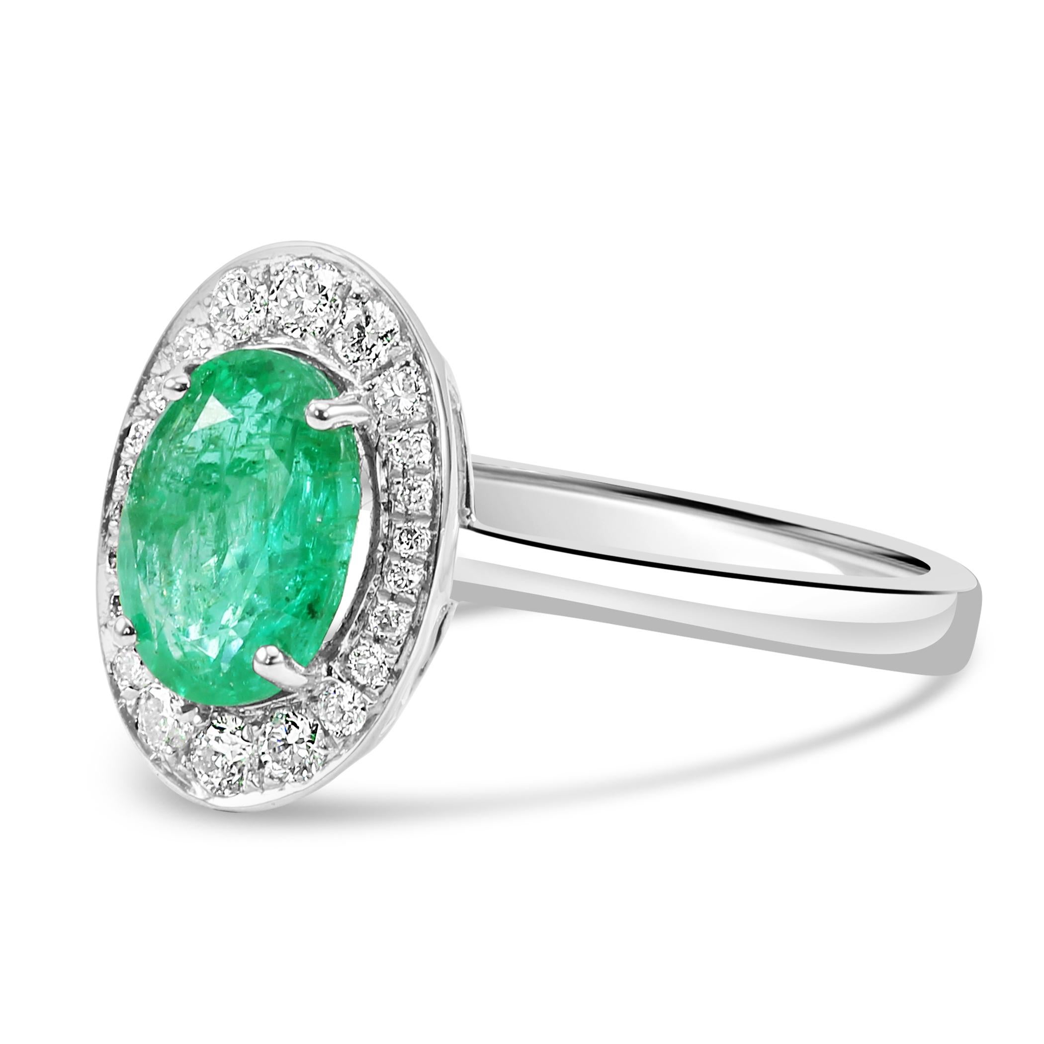 Modern Emerald Oval White Diamond Round 18K White Gold Engagement Classic Halo Ring  For Sale