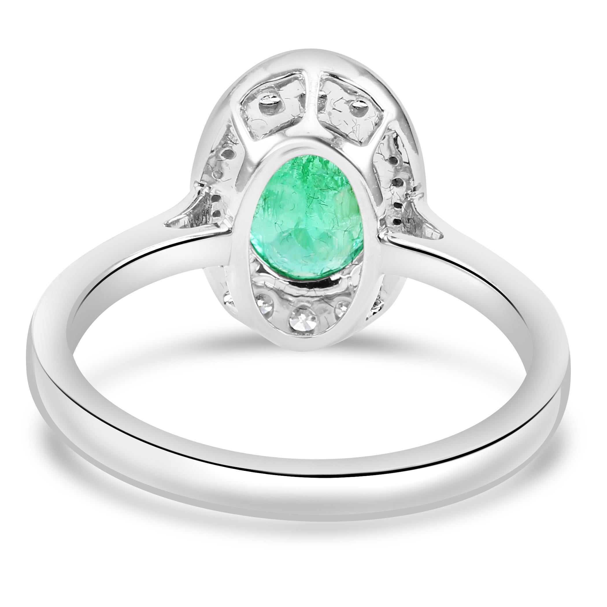 Emerald Oval White Diamond Round 18K White Gold Engagement Classic Halo Ring  For Sale 1