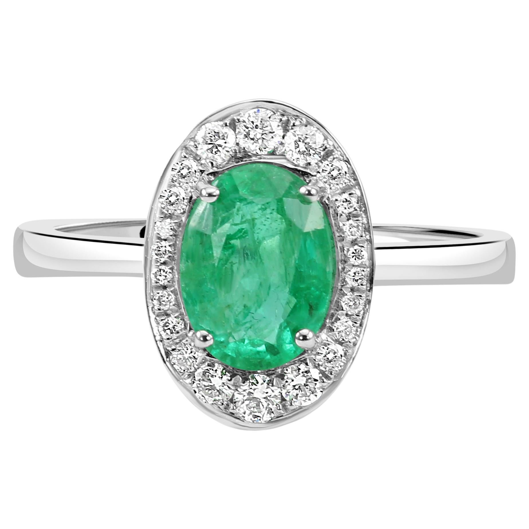 Emerald Oval White Diamond Round 18K White Gold Engagement Classic Halo Ring  For Sale