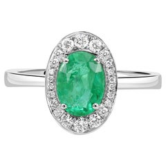 Emerald Oval White Diamond Round 18K White Gold Engagement Classic Halo Ring 
