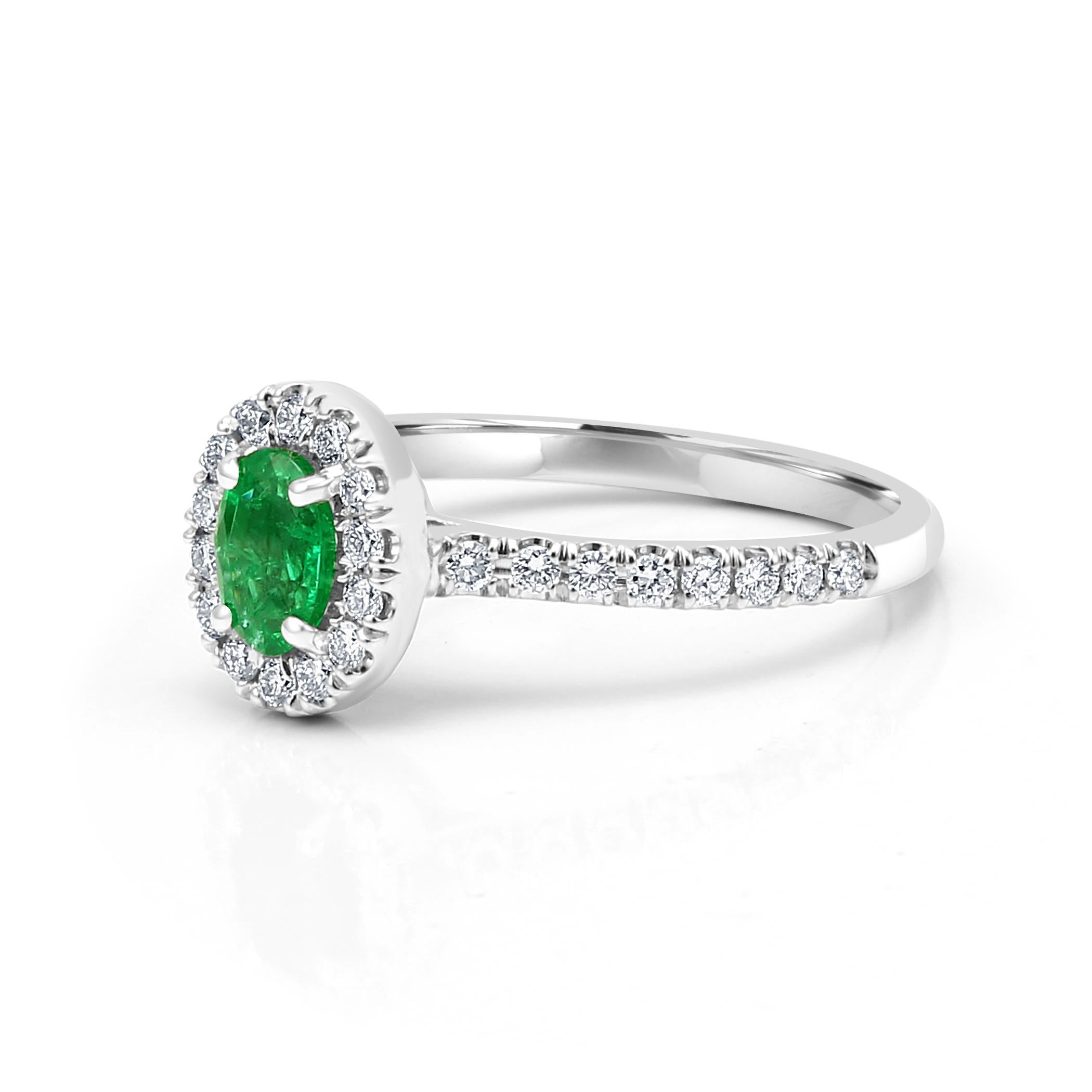 Modern Emerald Oval White Diamond Round Halo 14K Gold Bridal Fashion Cocktail Ring