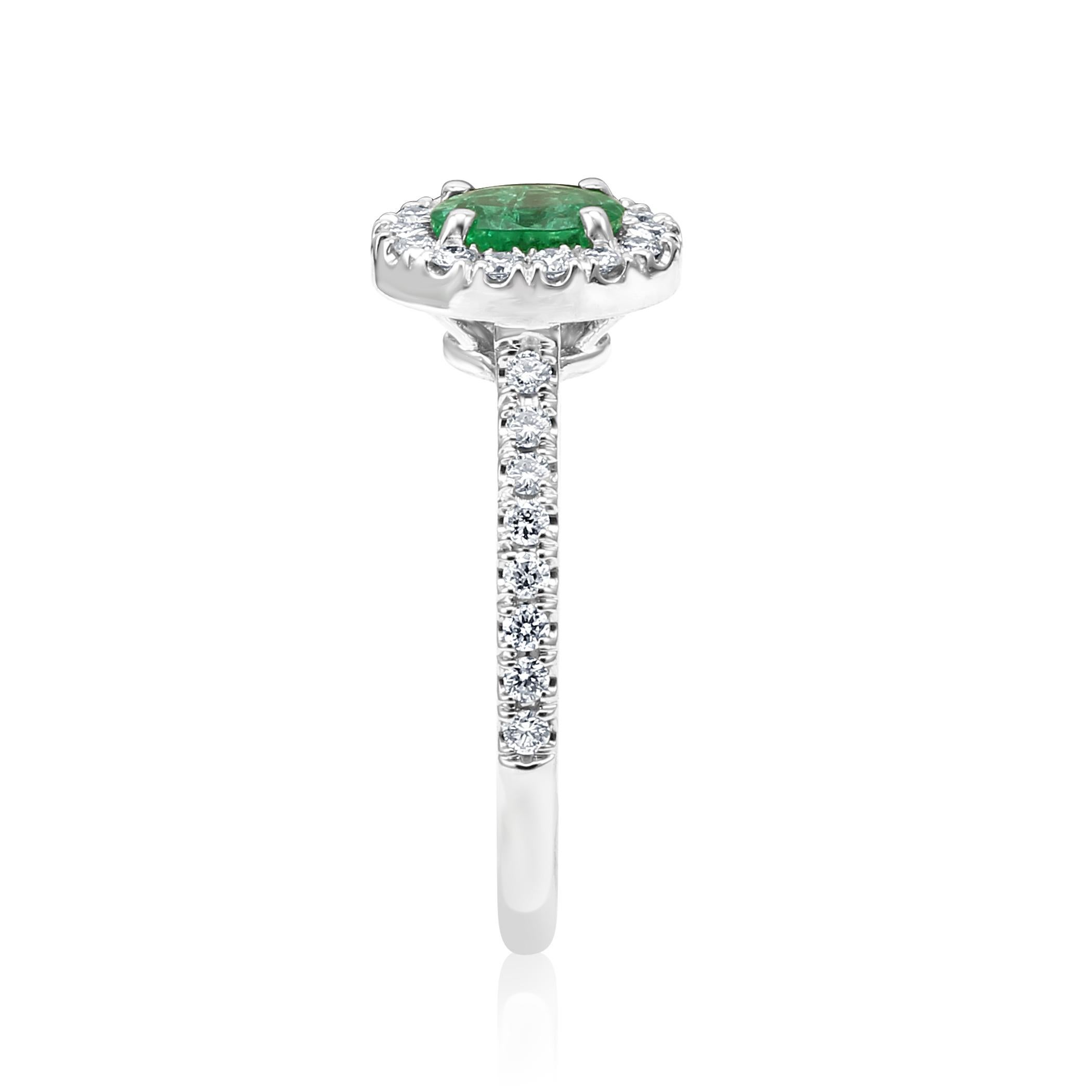 Emerald Oval White Diamond Round Halo 14K Gold Bridal Fashion Cocktail Ring In New Condition In NEW YORK, NY