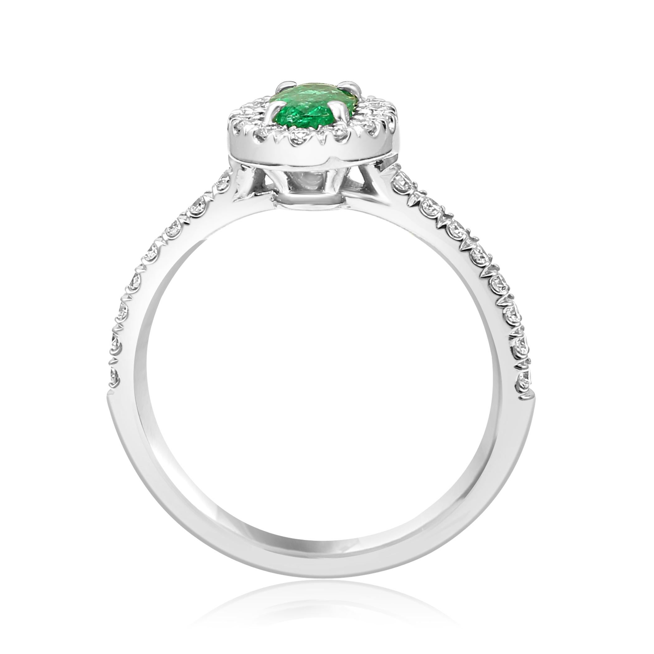 Women's or Men's Emerald Oval White Diamond Round Halo 14K Gold Bridal Fashion Cocktail Ring