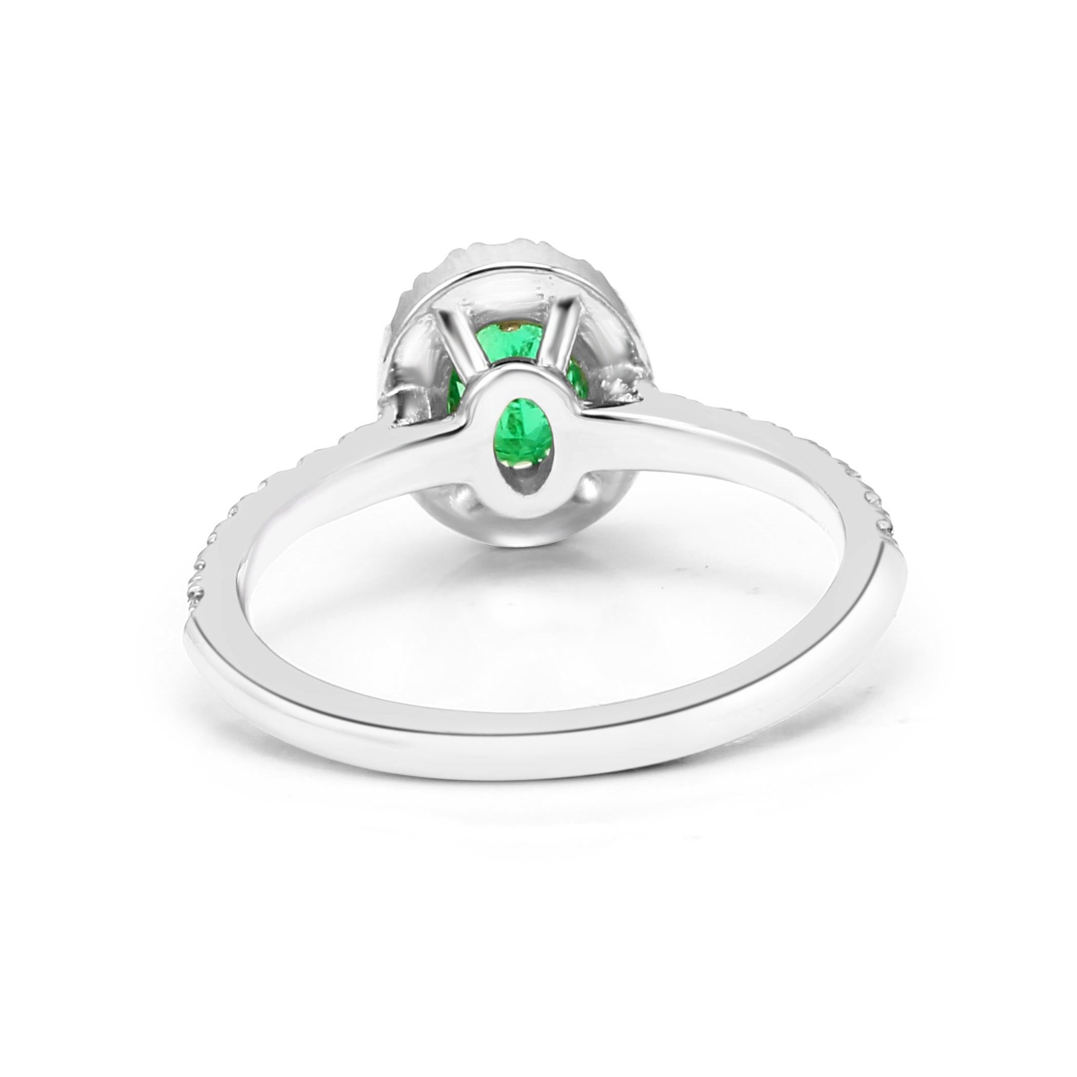 For Sale:  Emerald Oval White Diamond Round Halo 14k Gold Bridal Fashion Cocktail Ring 8