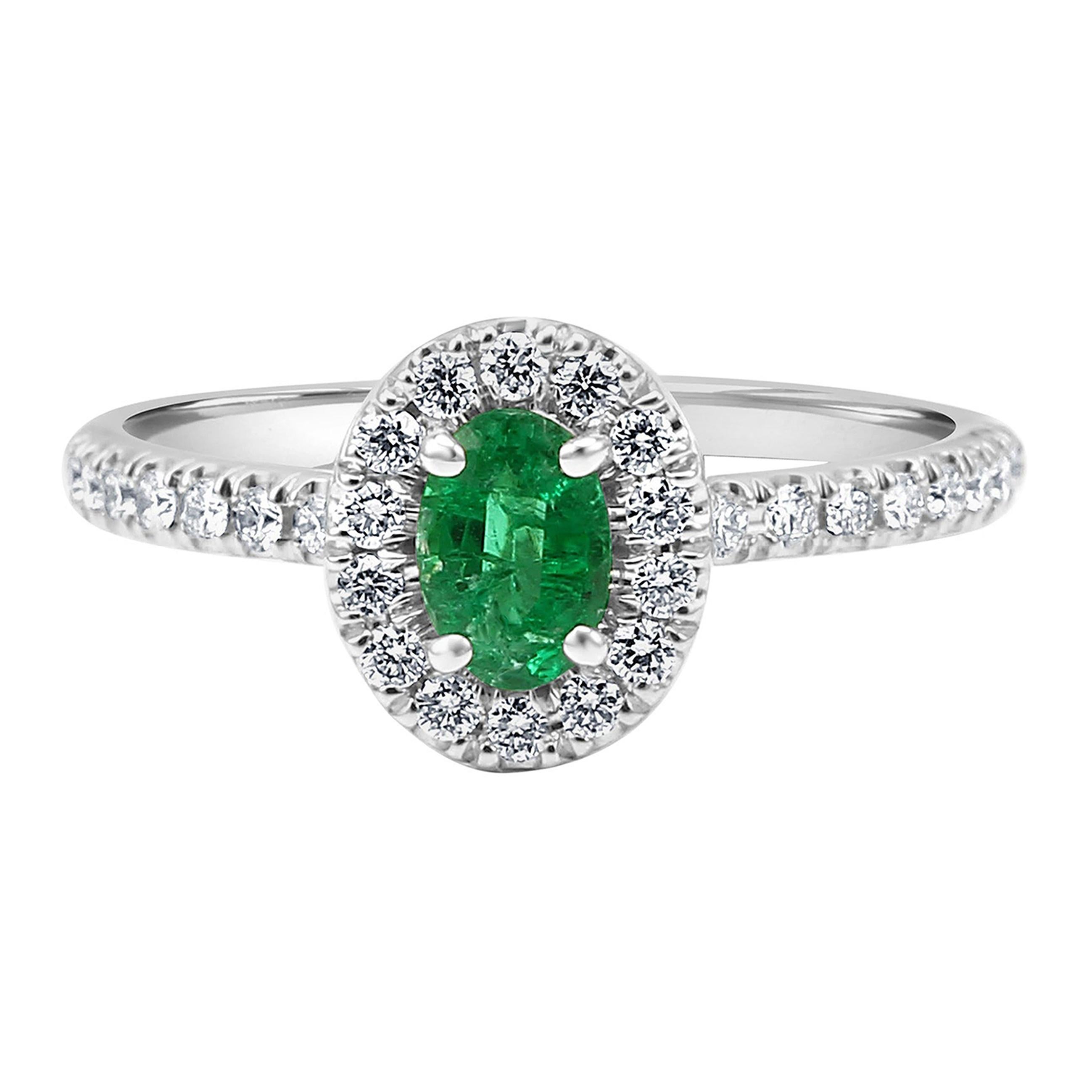For Sale:  Emerald Oval White Diamond Round Halo 14k Gold Bridal Fashion Cocktail Ring