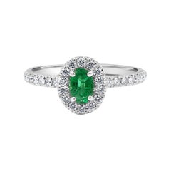 Emerald Oval White Diamond Round Halo 14K Gold Bridal Fashion Cocktail Ring