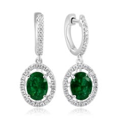 Emerald Oval White Diamond Round Halo Dangle Drop 18 Karat Gold Fashion Earring
