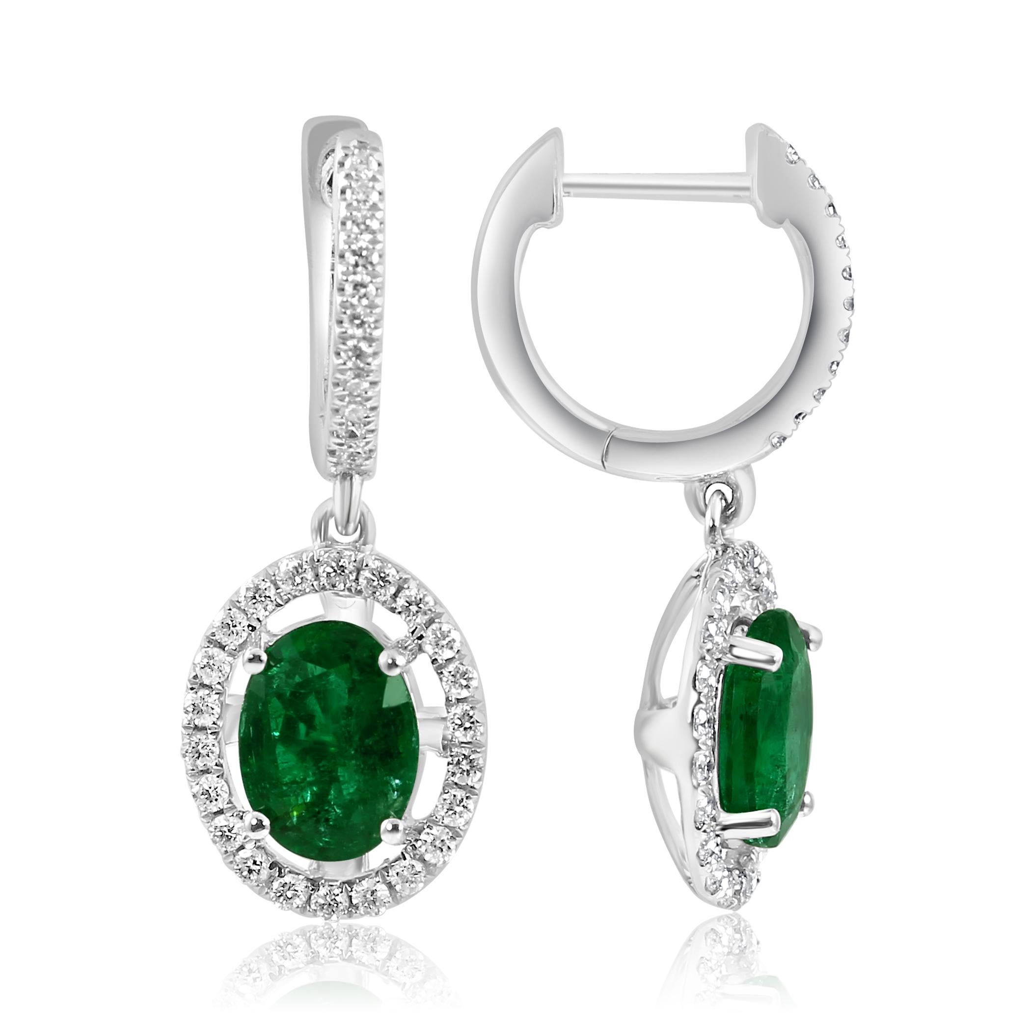 Modern Emerald Oval White Diamond Round Halo Dangle Drop 18K White Gold Fashion Earring For Sale