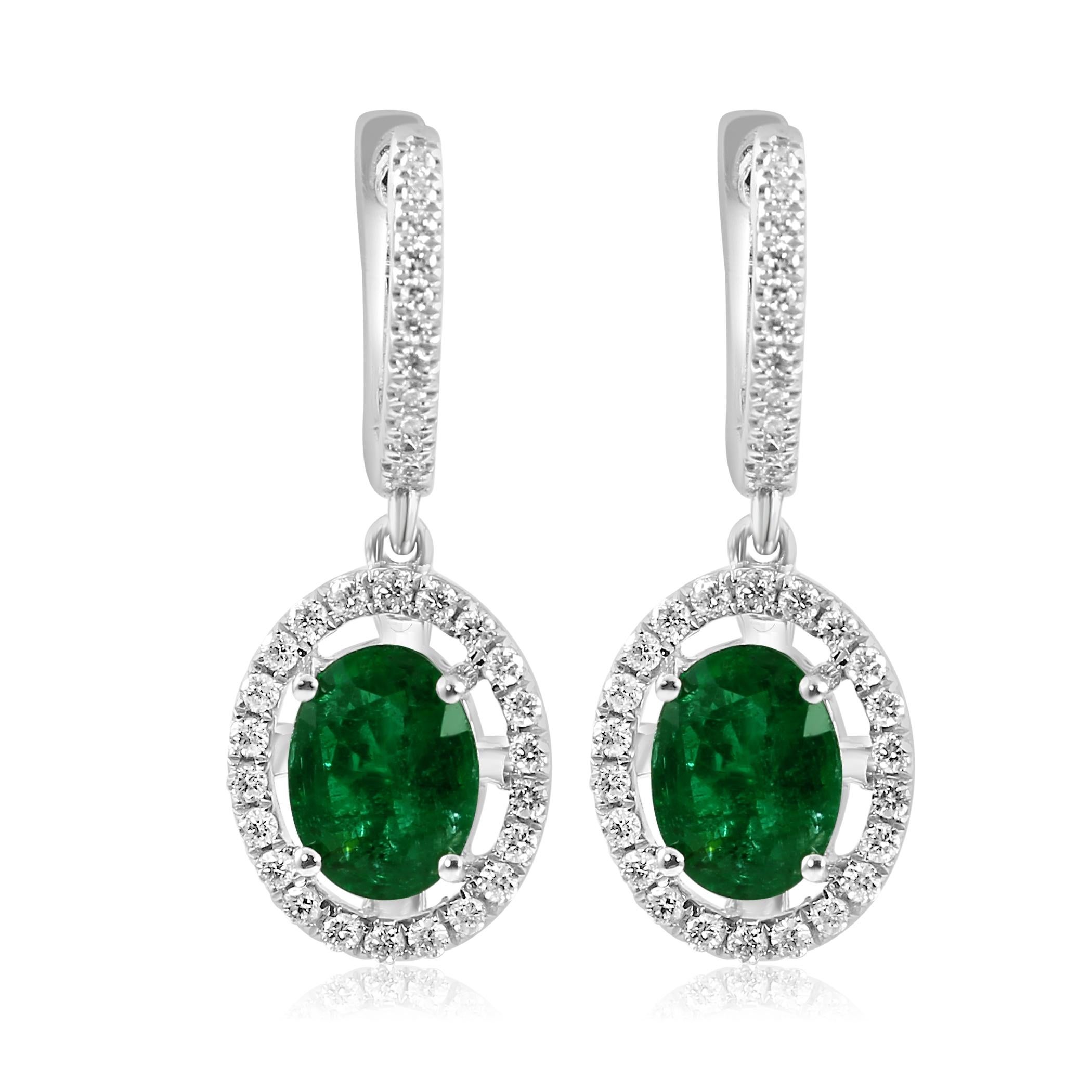Women's or Men's Emerald Oval White Diamond Round Halo Dangle Drop 18K White Gold Fashion Earring For Sale