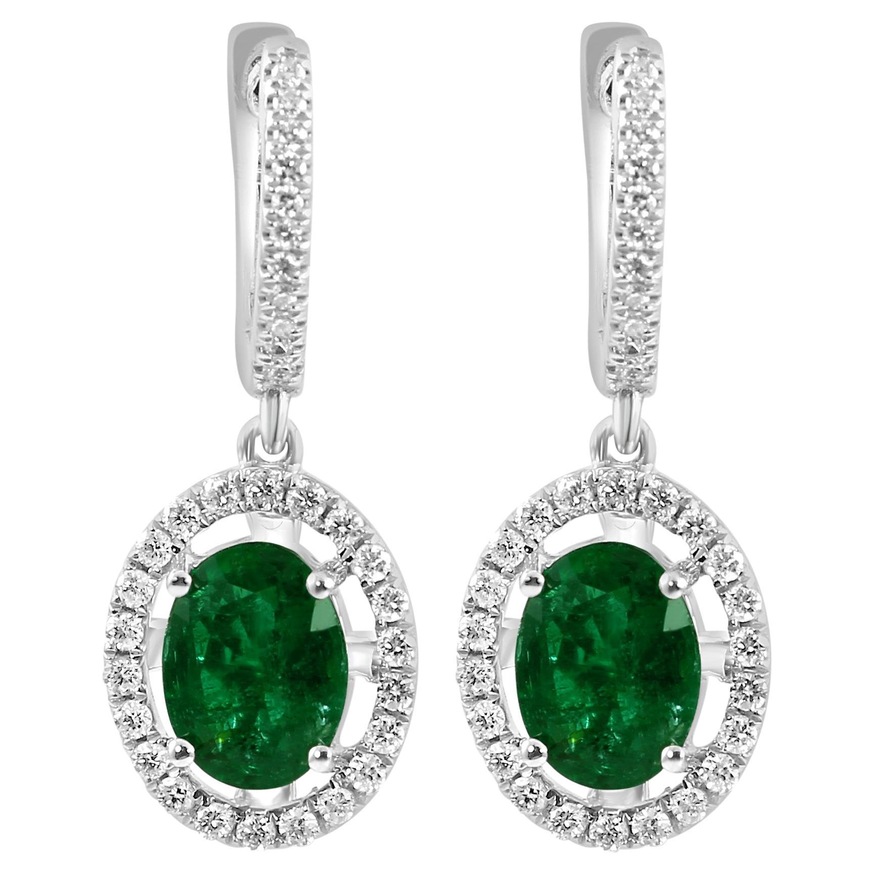 Emerald Oval White Diamond Round Halo Dangle Drop 18K White Gold Fashion Earring For Sale