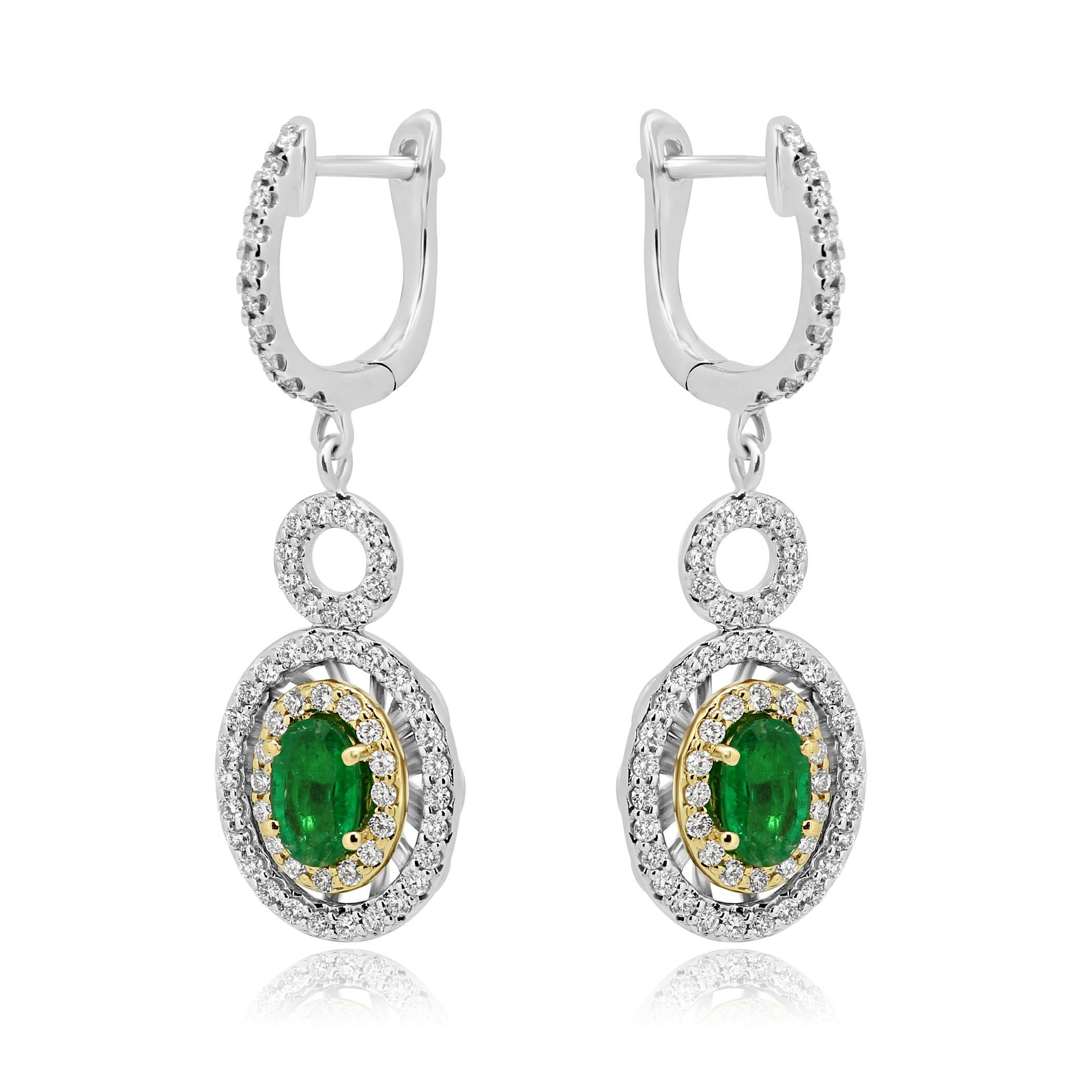 2 Emerald Oval 0.85 Carat Encircled in Double Halo of White G-H Color VS-SI Clarity Round Diamonds 0.90 Carat in 14K White and Yellow  Gold Dangle Drop Fashion Clip-On Earring.

Style available in different price ranges. Prices are based on your