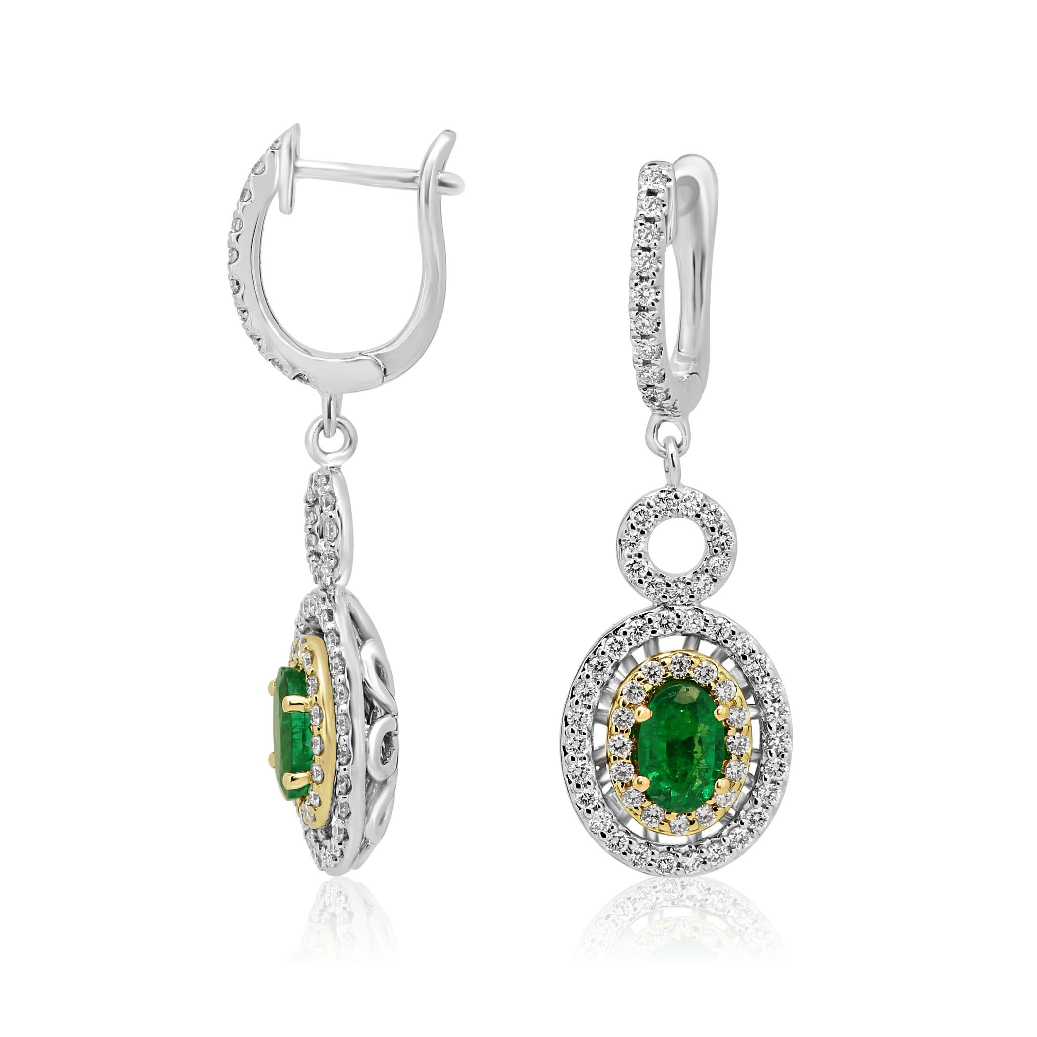 Modern Emerald Oval White Diamond Round Halo Twotone Gold Drop Dangle Clip-On Earring