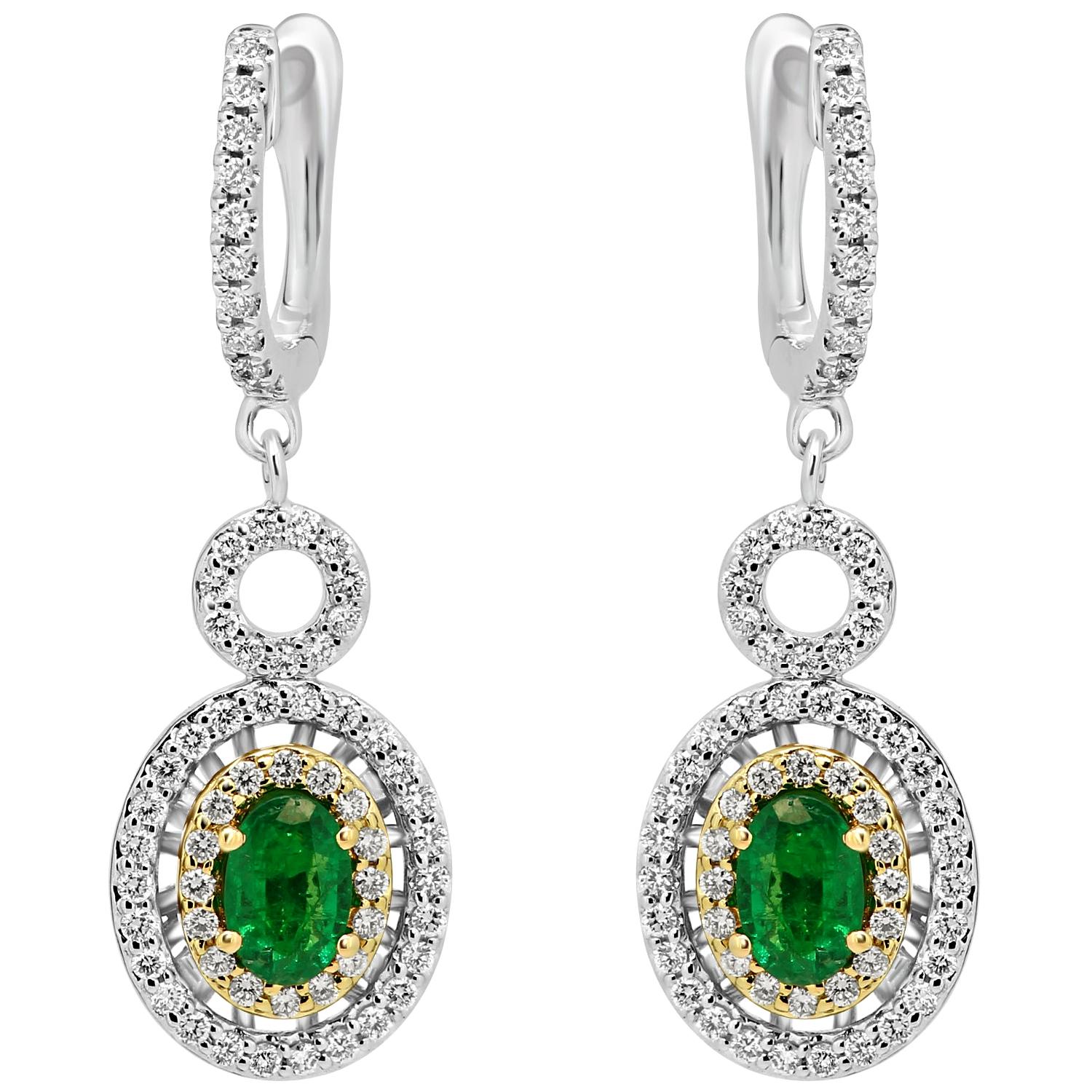 Emerald Oval White Diamond Round Halo Twotone Gold Drop Dangle Clip-On Earring