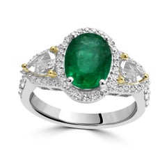 Emerald Oval Diamond Round Pear Engagement Three-Stone Halo 18 Karat Gold Ring