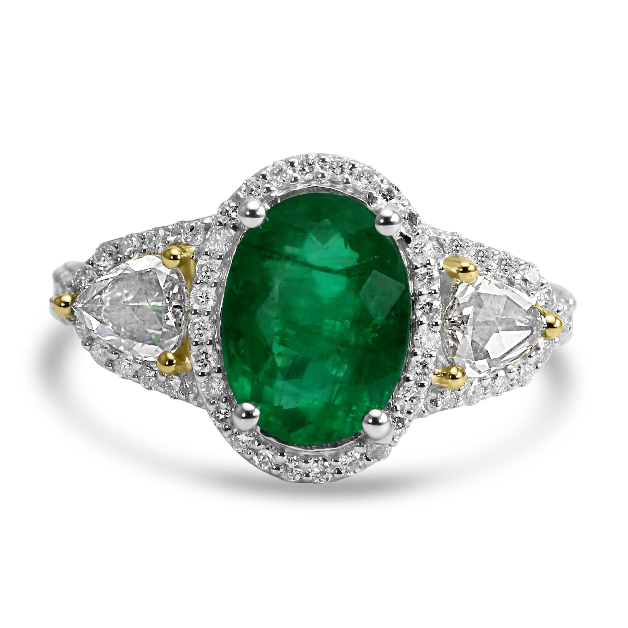 Modern Emerald Oval Diamond Round Pear Engagement Fashion Three-Stone Halo Gold Ring For Sale
