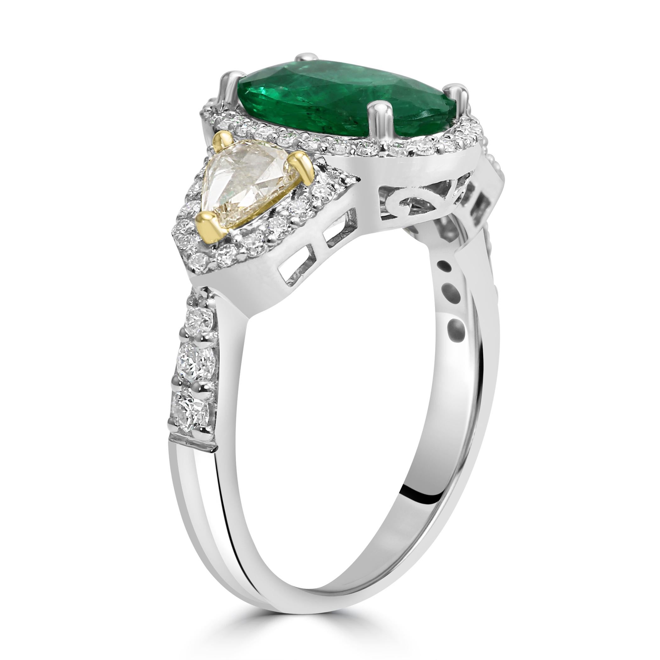 Emerald Oval Diamond Round Pear Engagement Fashion Three-Stone Halo Gold Ring For Sale 1