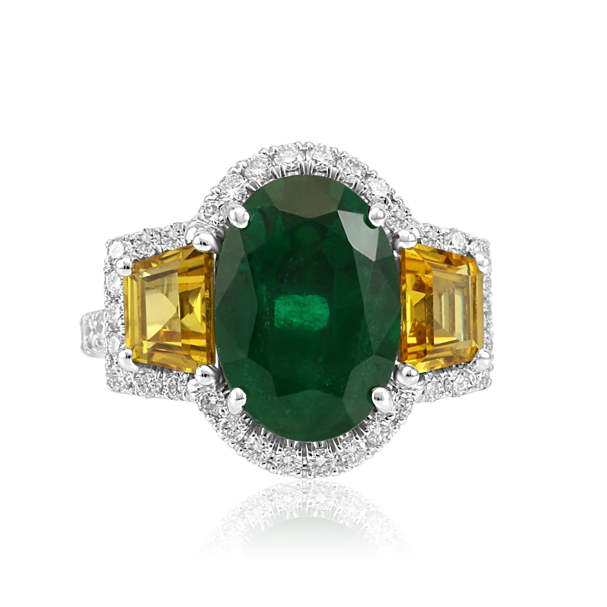 1 Stunning Emerald Oval GIA Certified 5.11 Carat Flanked with 2 Yellow Sapphire Trapezoid 1.82 Carat encircled in Single Halo of White G-H Color VS-SI Diamonds 0.90 Carat set in One of a Kind Three Stone Bridal Fashion Cocktail 18K White and Yellow