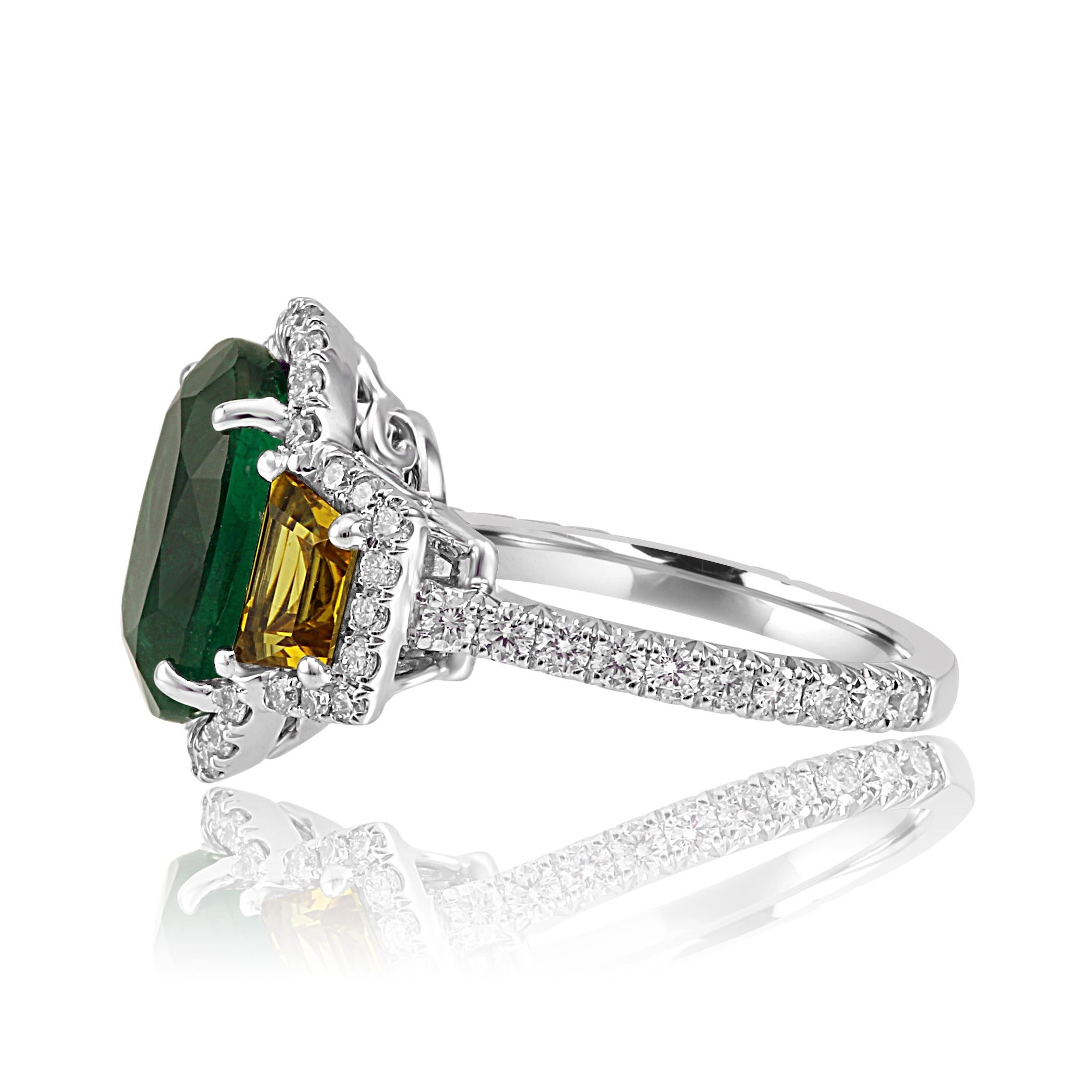 Contemporary Emerald Oval Yellow Sapphire Diamond Halo Three-Stone Bridal Cocktail Gold Ring