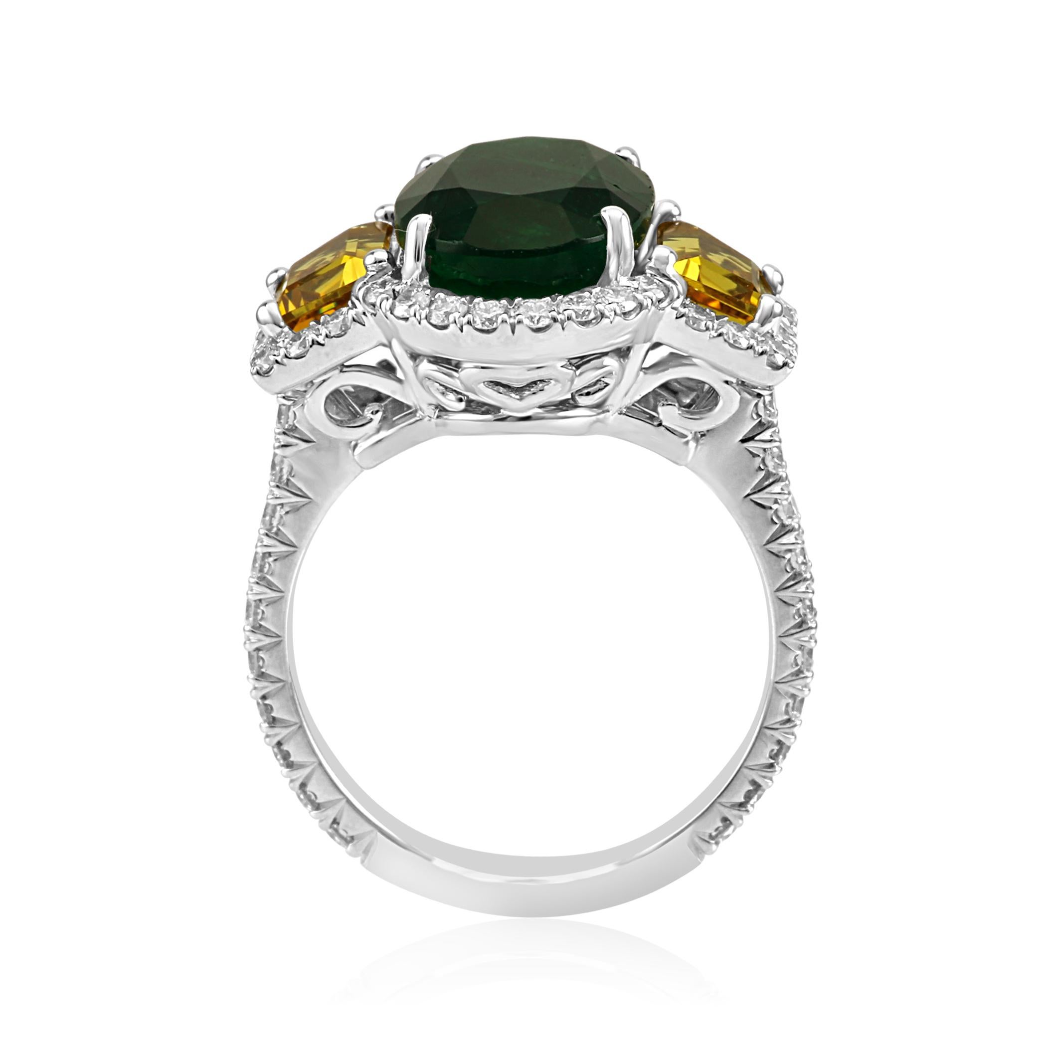 Oval Cut Emerald Oval Yellow Sapphire Diamond Halo Three-Stone Bridal Cocktail Gold Ring