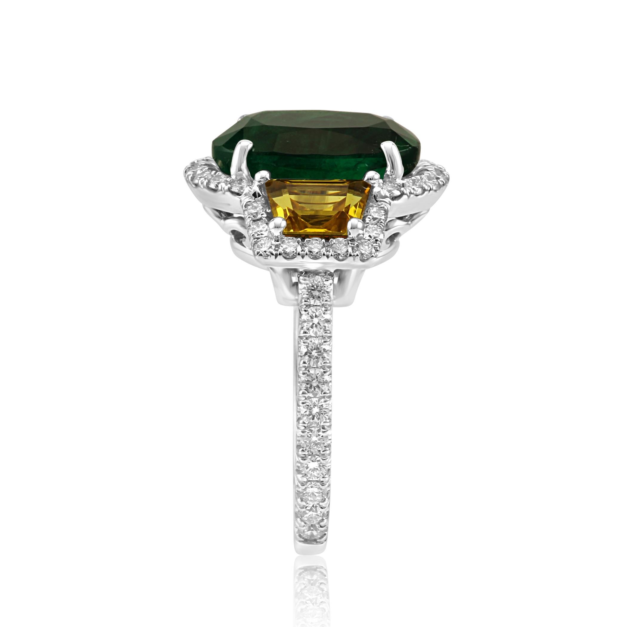Emerald Oval Yellow Sapphire Diamond Halo Three-Stone Bridal Cocktail Gold Ring In New Condition In NEW YORK, NY