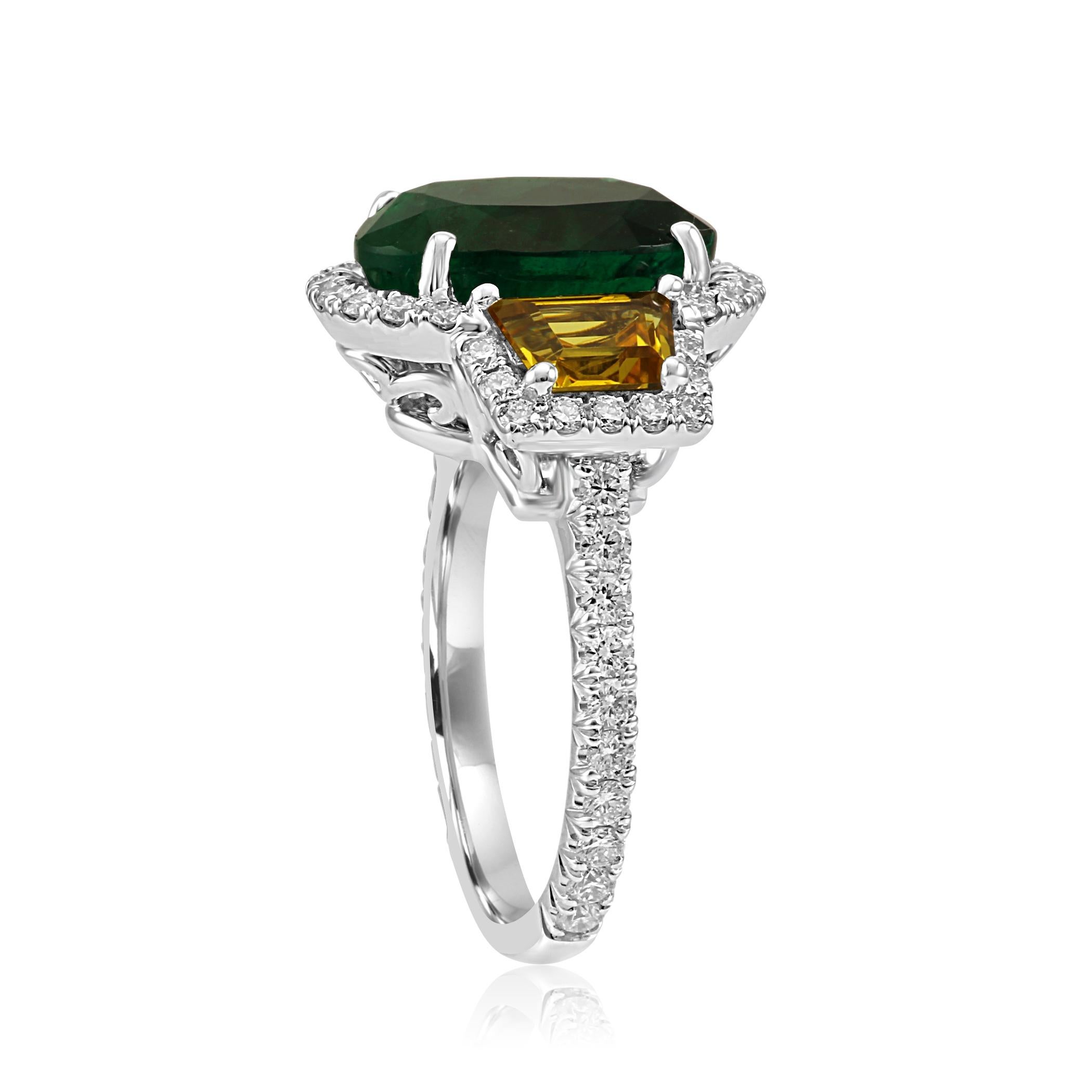 Women's or Men's Emerald Oval Yellow Sapphire Diamond Halo Three-Stone Bridal Cocktail Gold Ring