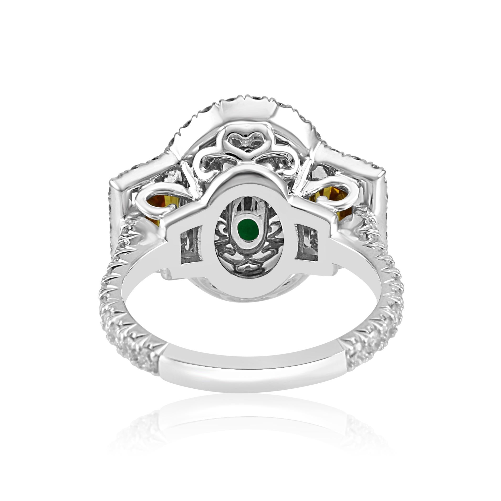Emerald Oval Yellow Sapphire Diamond Halo Three-Stone Bridal Cocktail Gold Ring 1