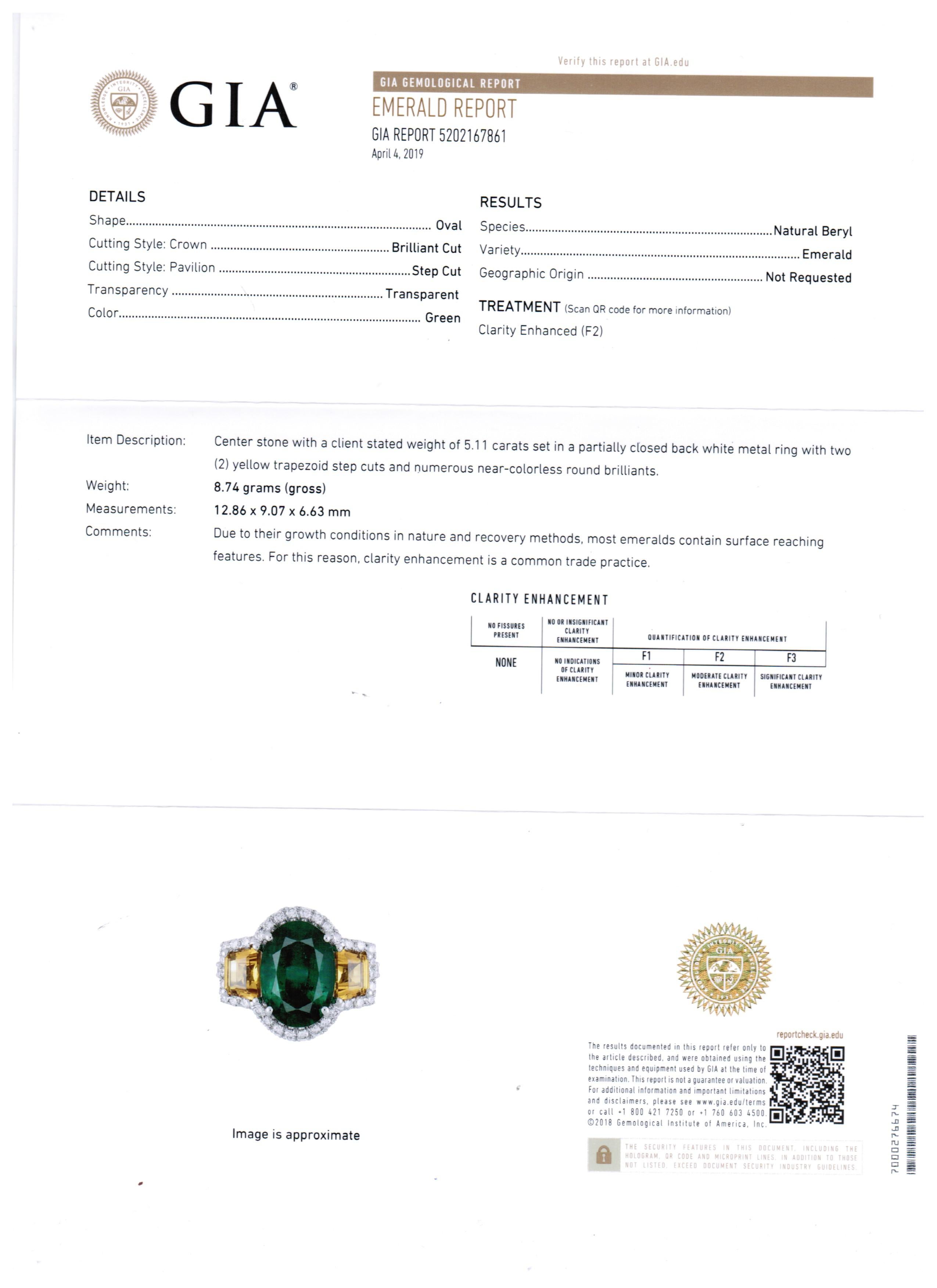 Emerald Oval Yellow Sapphire Diamond Halo Three-Stone Bridal Cocktail Gold Ring 2