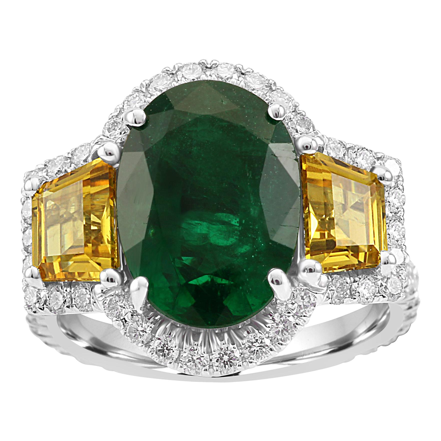 Emerald Oval Yellow Sapphire Diamond Halo Three-Stone Bridal Cocktail Gold Ring