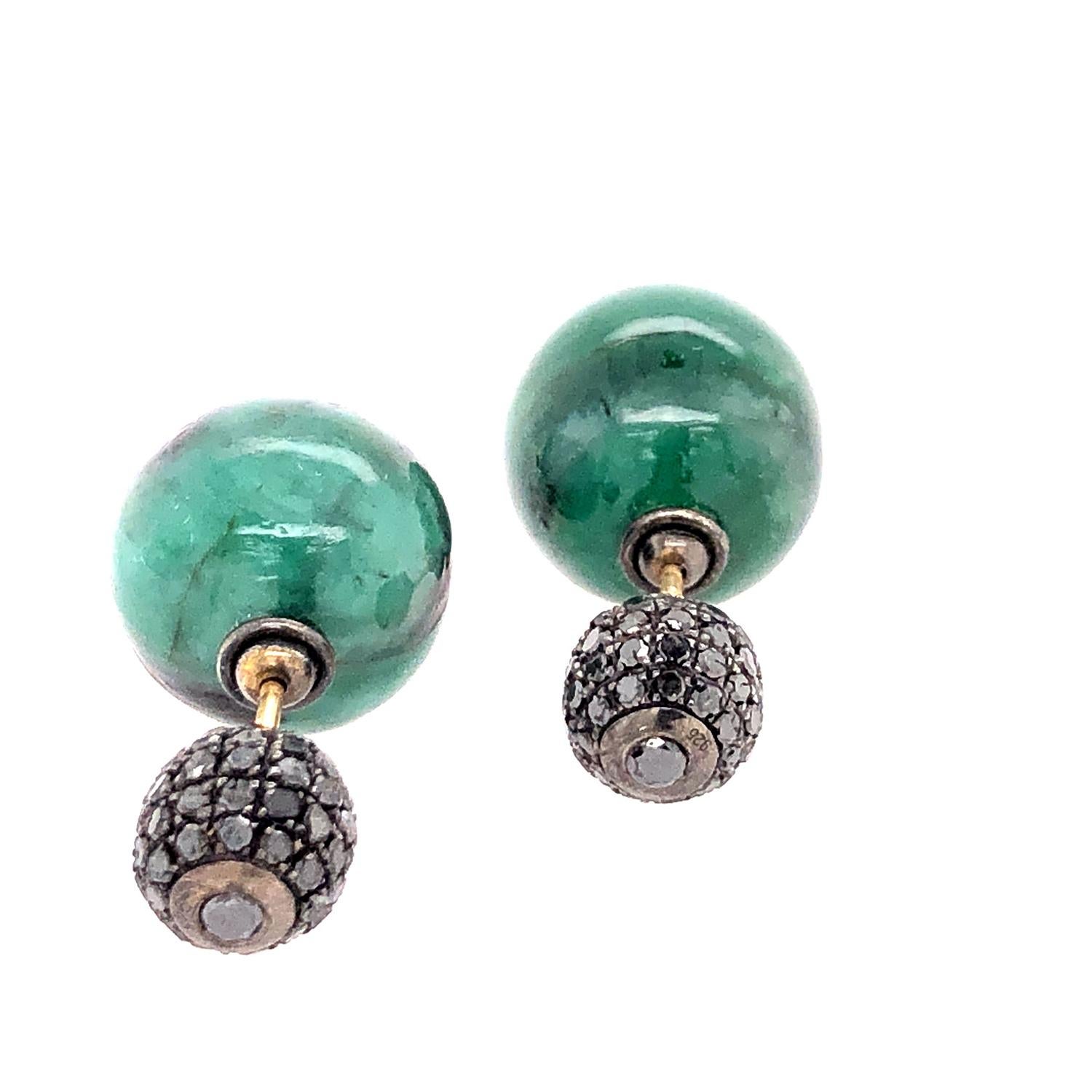 Artisan Emerald & Pave Diamond Ball Earring Made in 14k Gold & Silver For Sale