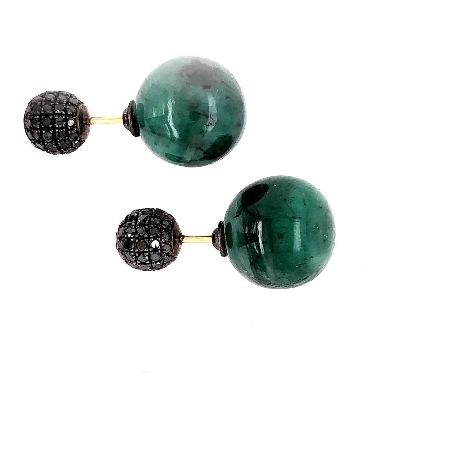 Mixed Cut Emerald & Pave Diamond Ball Earring Made in 14k Gold & Silver For Sale
