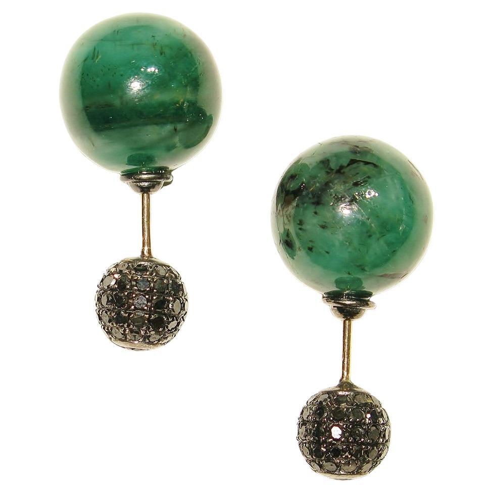Emerald & Pave Diamond Ball Earring Made in 14k Gold & Silver For Sale