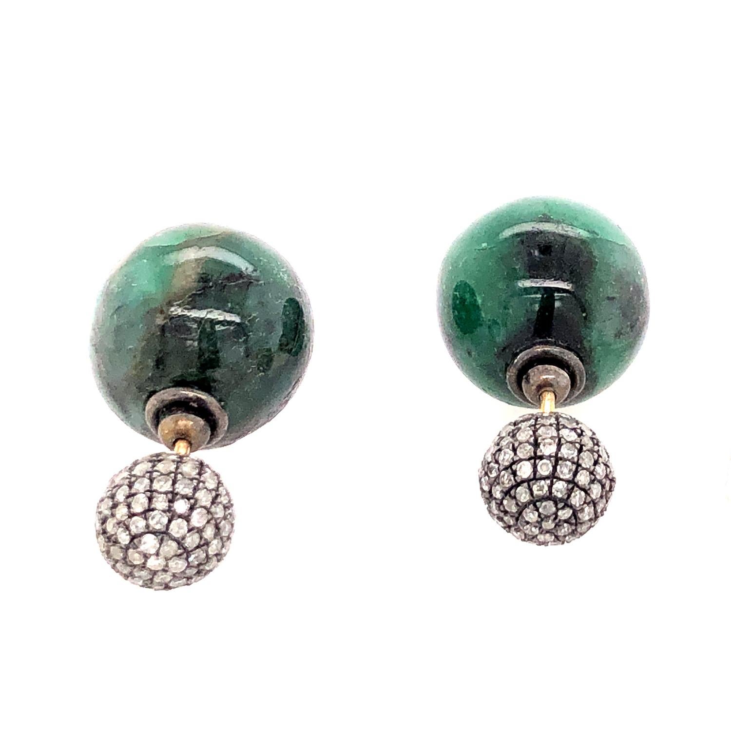 Artisan Emerald & Pave Diamond Ball Earrings Made In 14k Gold For Sale