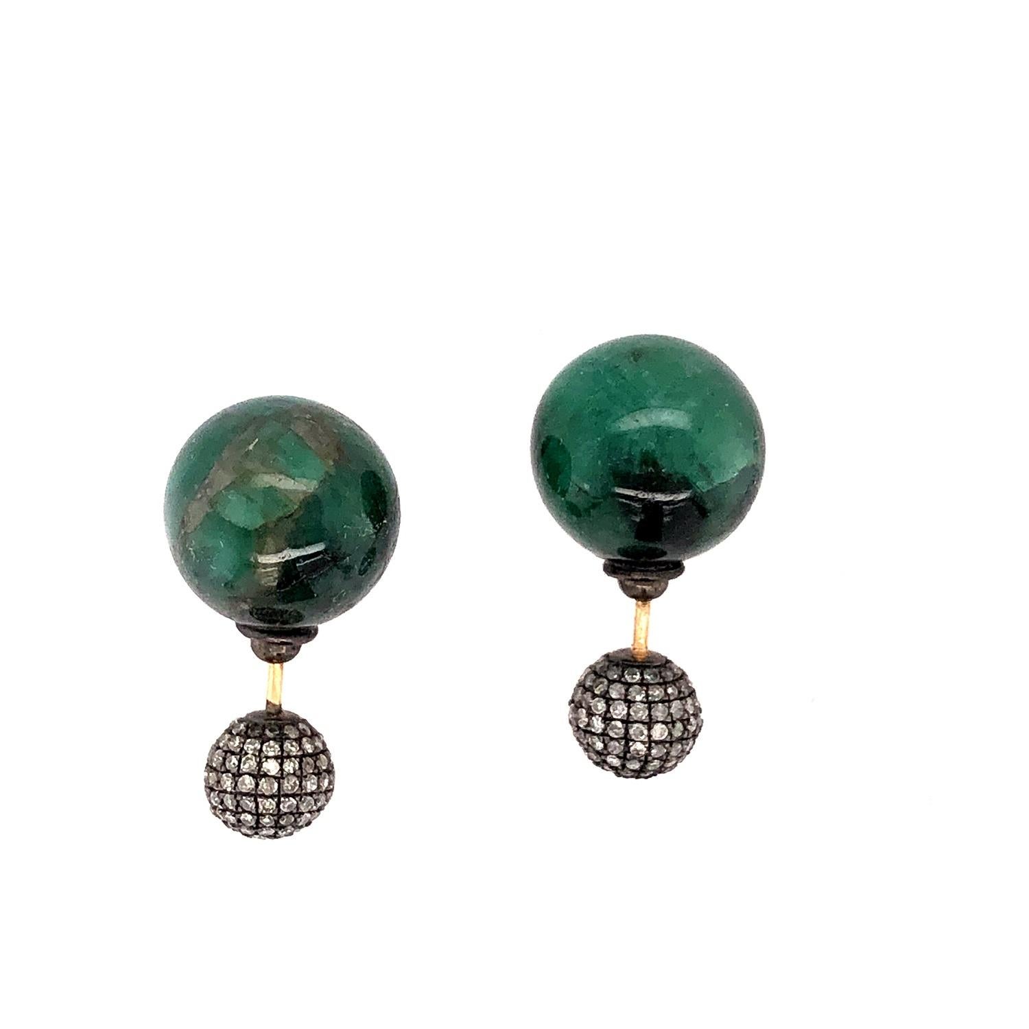 Mixed Cut Emerald & Pave Diamond Ball Earrings Made In 14k Gold For Sale