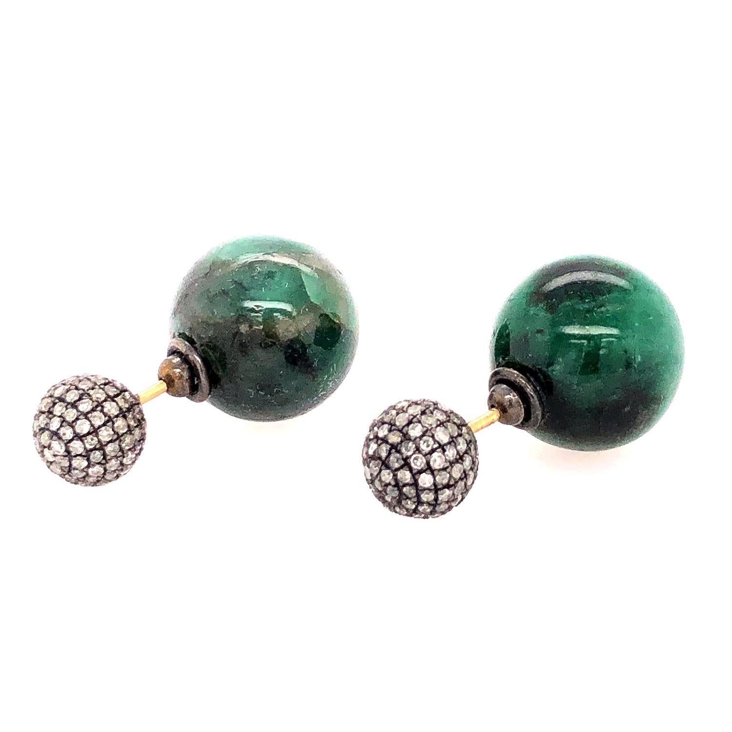 Emerald & Pave Diamond Ball Earrings Made In 14k Gold In New Condition For Sale In New York, NY