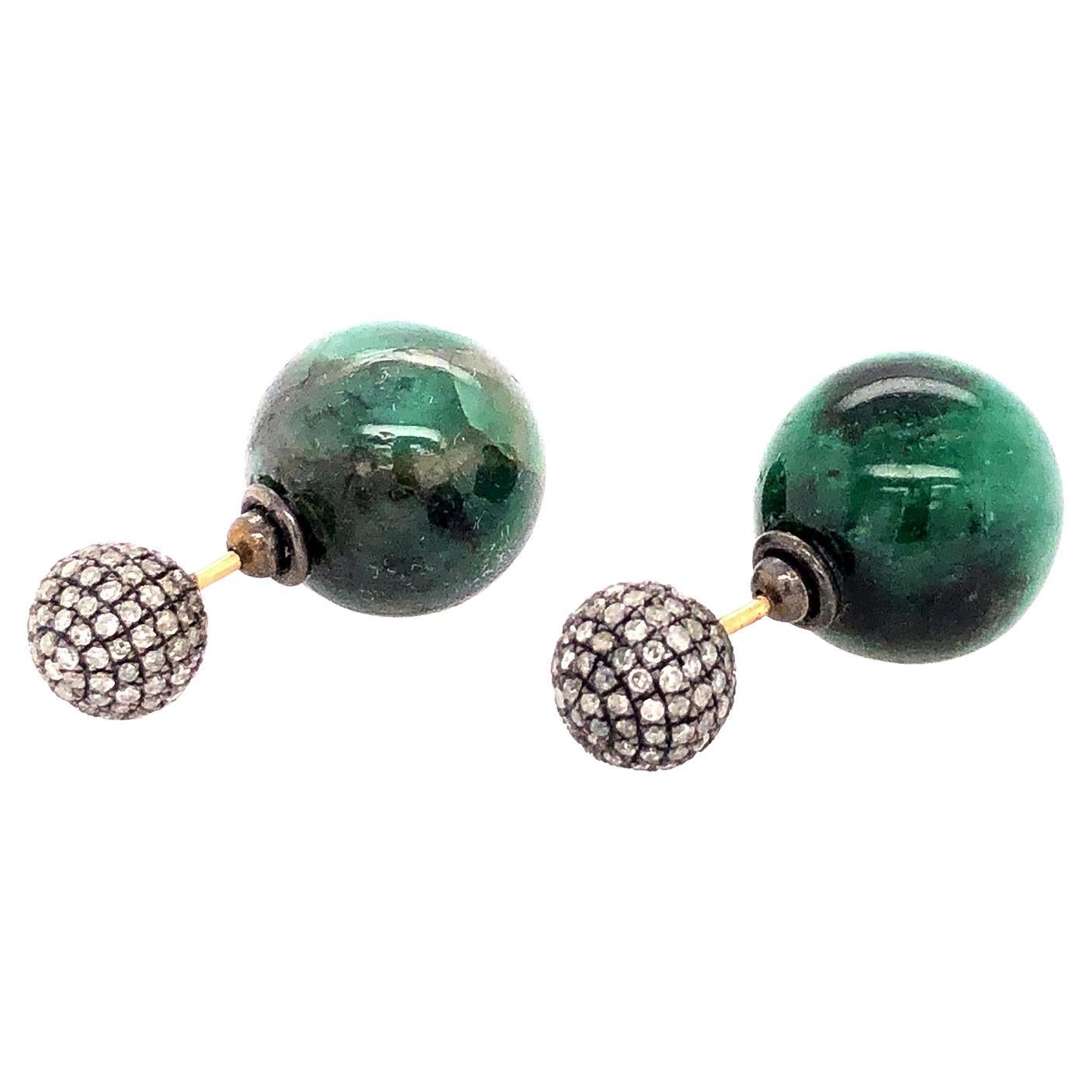 Emerald & Pave Diamond Ball Earrings Made In 14k Gold For Sale