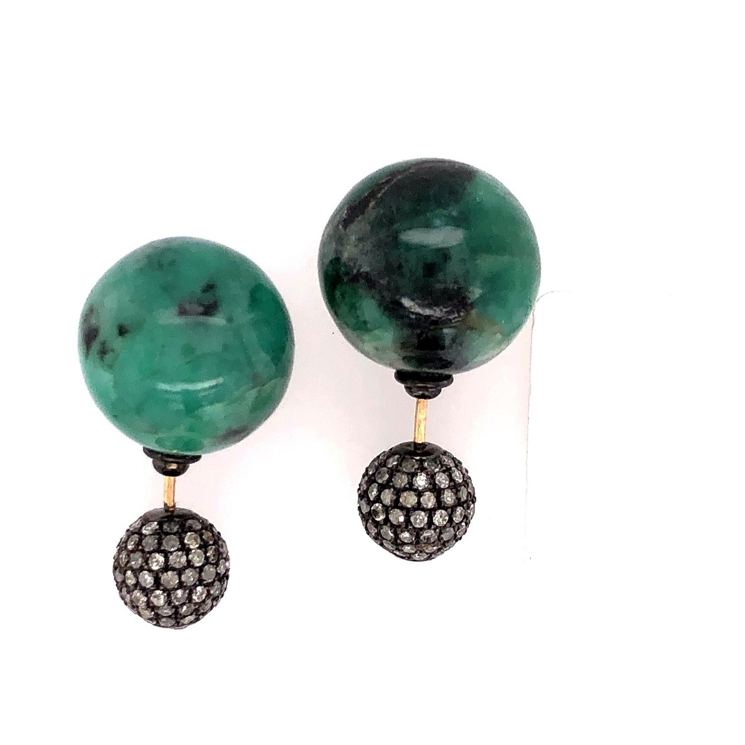 Artisan Emerald & Pave Diamond Ball Tunnel Earrings Made in 14k Gold & Silver For Sale