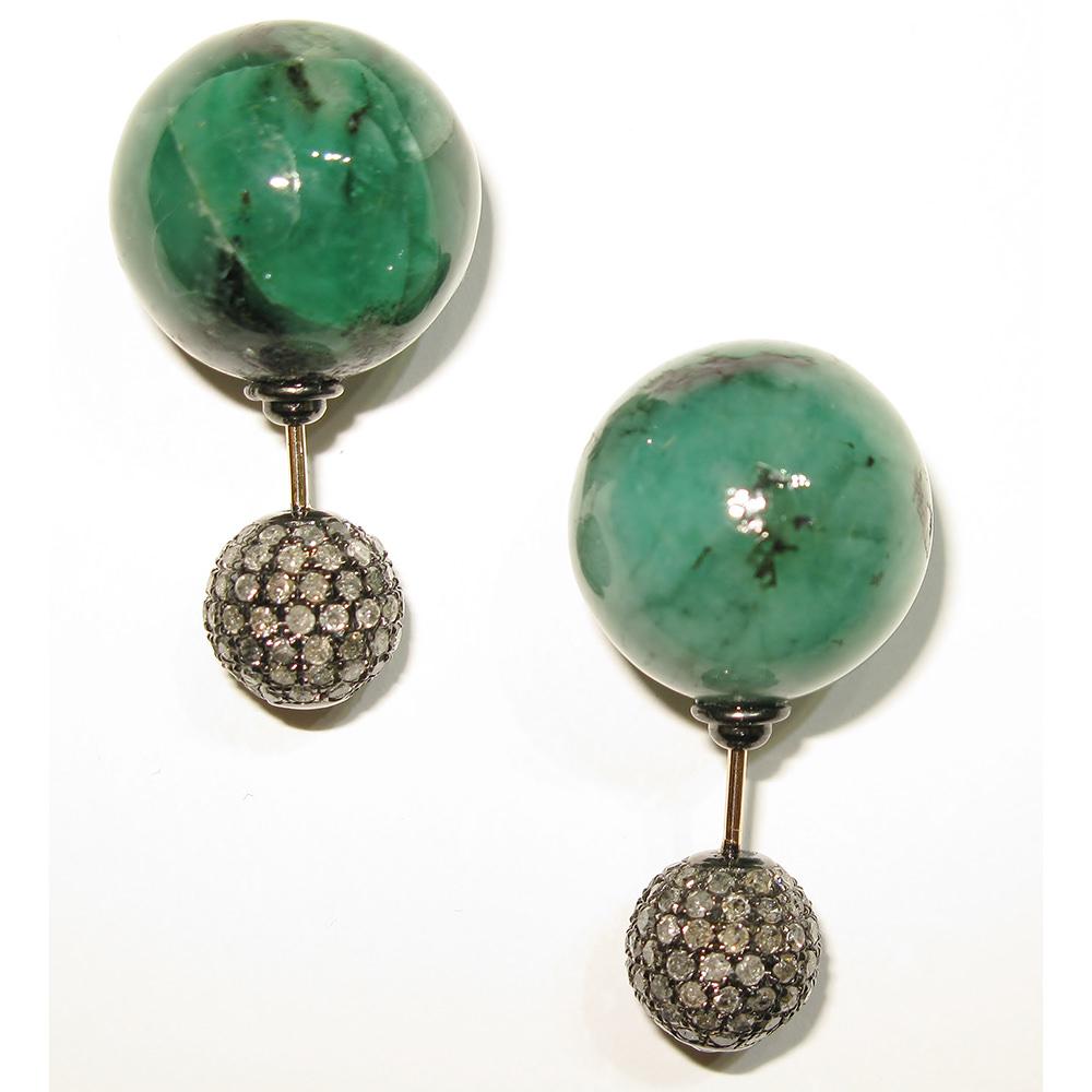 Mixed Cut Emerald & Pave Diamond Ball Tunnel Earrings Made in 14k Gold & Silver For Sale
