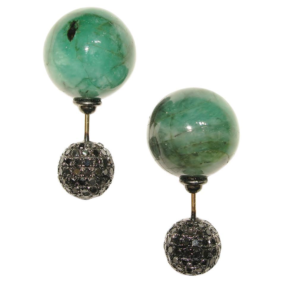 Emerald & Pave Diamond Ball Tunnel Earrings Made in 14k Gold & Silver For Sale